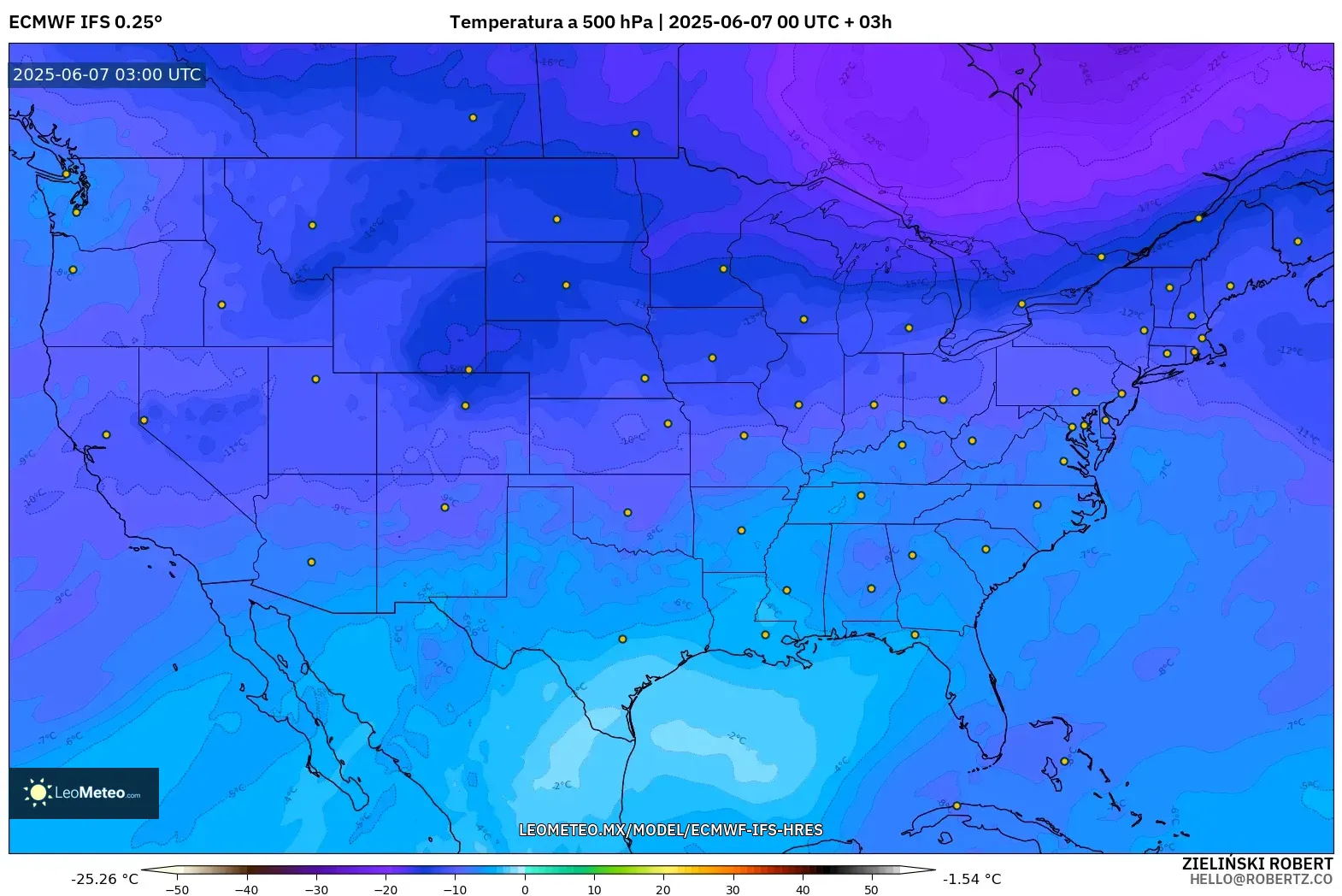 ECMWF IFS 0.25° model - Estados Unidos, Temperatura a 500 hPa ECMWF IFS 0.25° model - Estados Unidos, Temperatura a 500 hPa