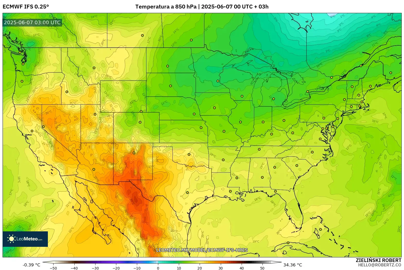 ECMWF IFS 0.25° model - Estados Unidos, Temperatura a 850 hPa
