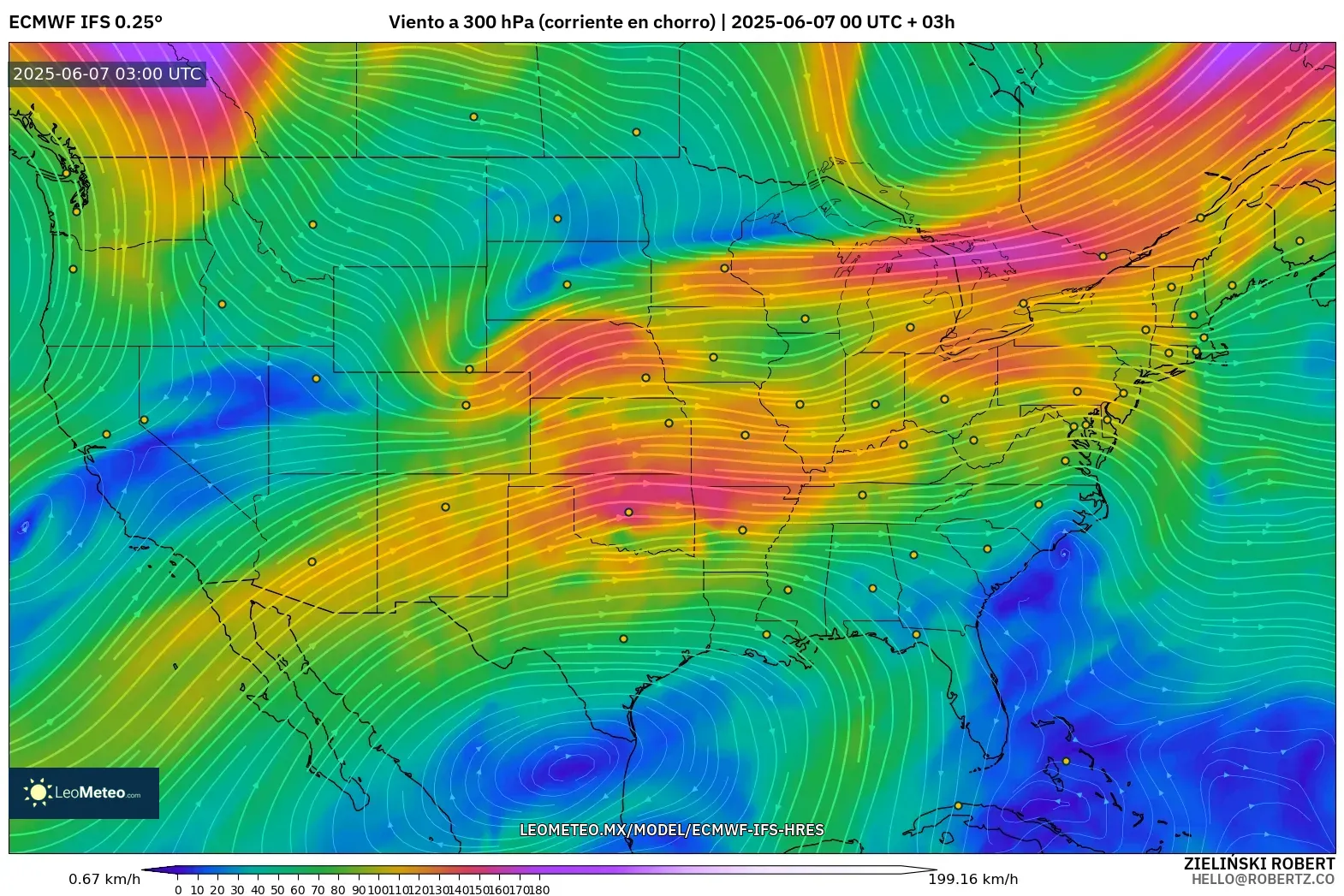 ECMWF IFS 0.25° model - Estados Unidos, Viento a 300 hPa (corriente en chorro)