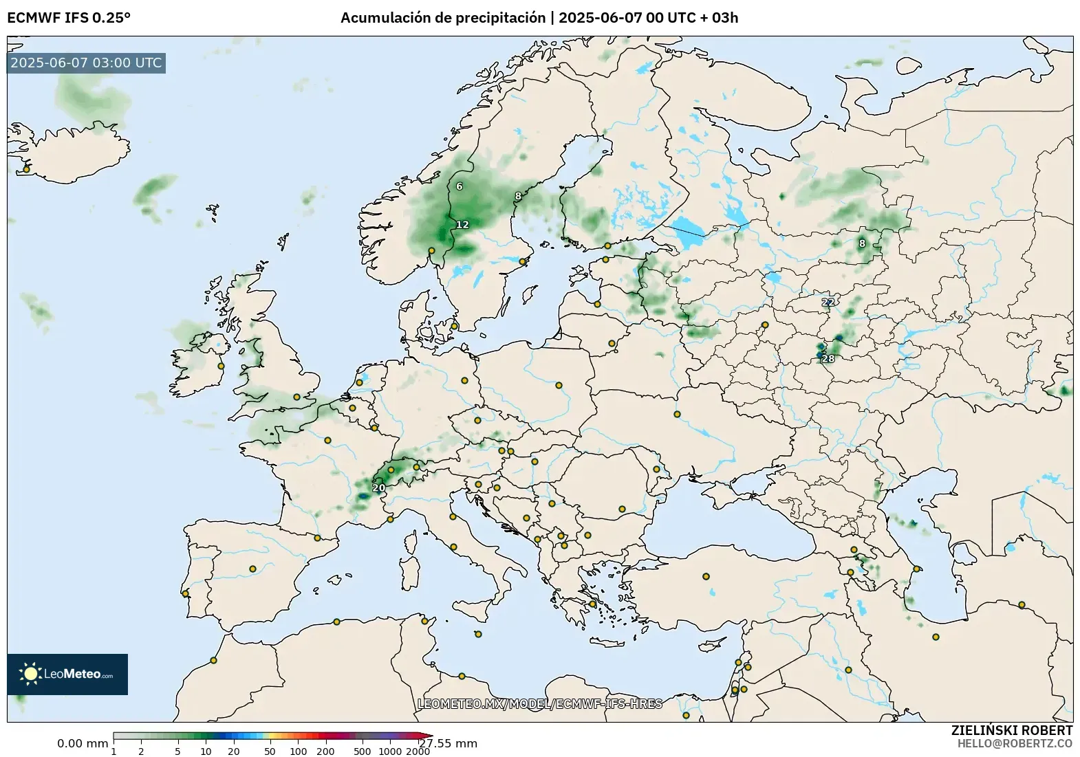 ECMWF IFS 0.25° model - Europa, Acumulación de precipitación