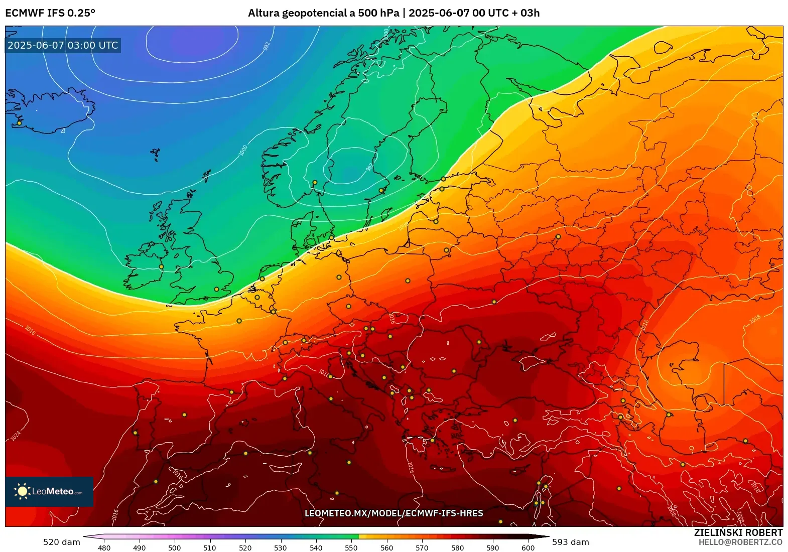ECMWF IFS 0.25° model - Europa, Altura geopotencial a 500 hPa
