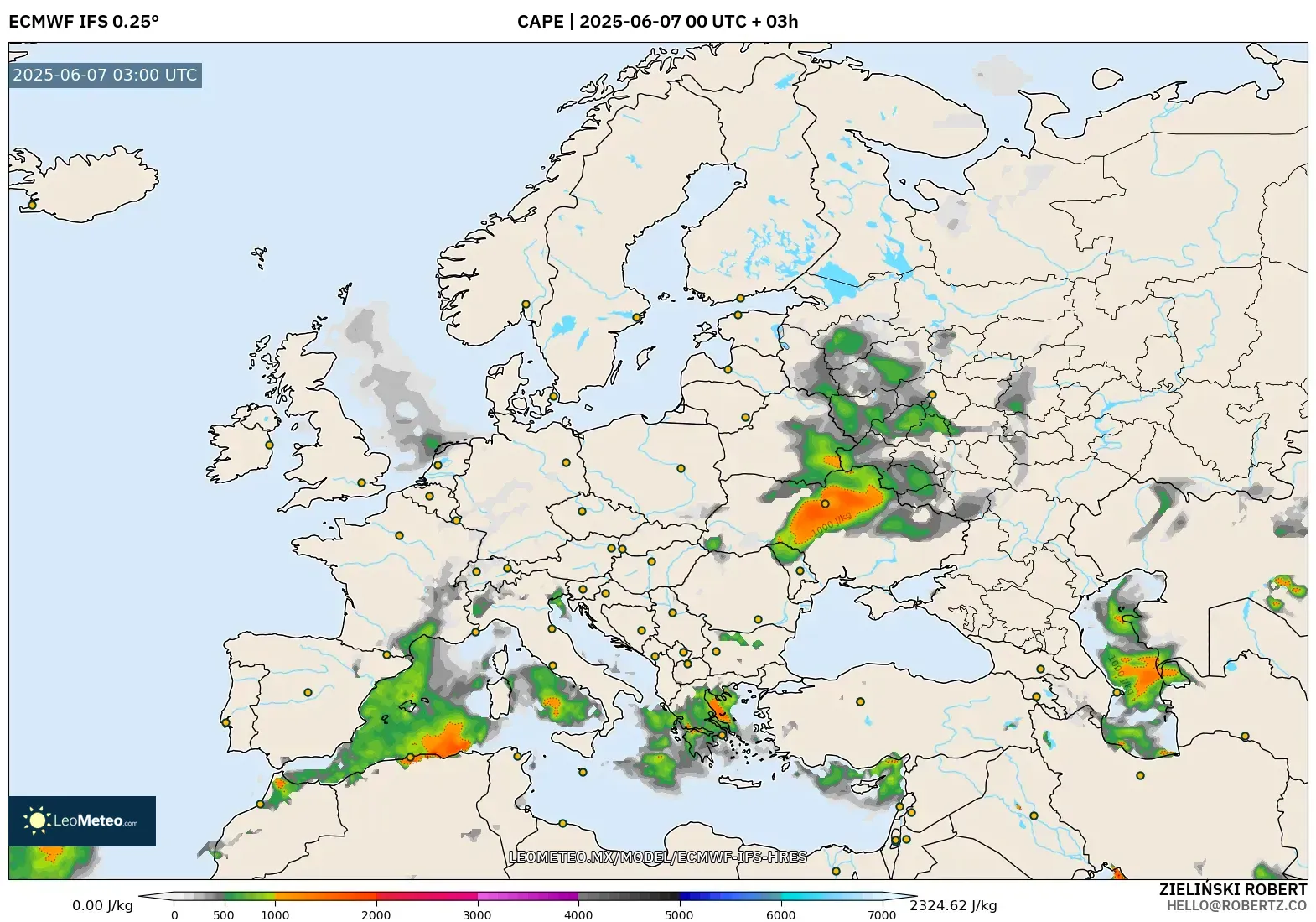 ECMWF IFS 0.25° model - Europa, CAPE