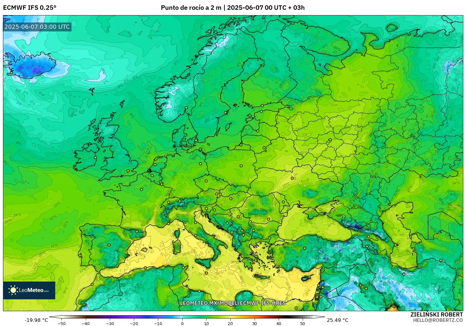 ECMWF IFS 0.25° model - Europa, Punto de rocío a 2 m