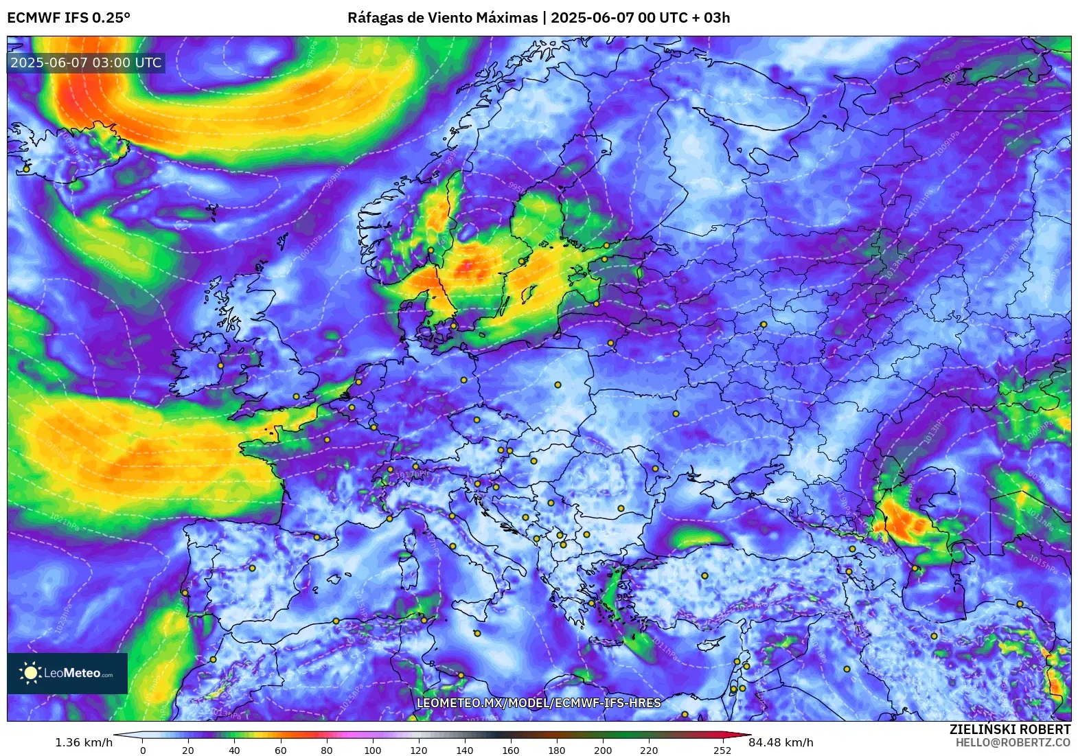 ECMWF IFS 0.25° model - Europa, Ráfagas de Viento Máximas