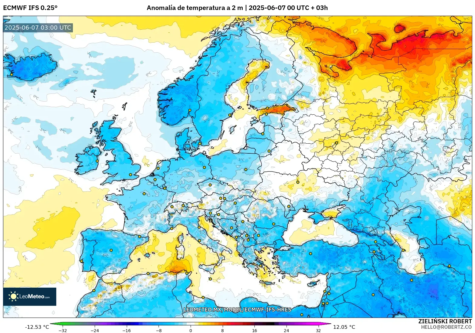 ECMWF IFS 0.25° model - Europa, Anomalía de temperatura a 2 m