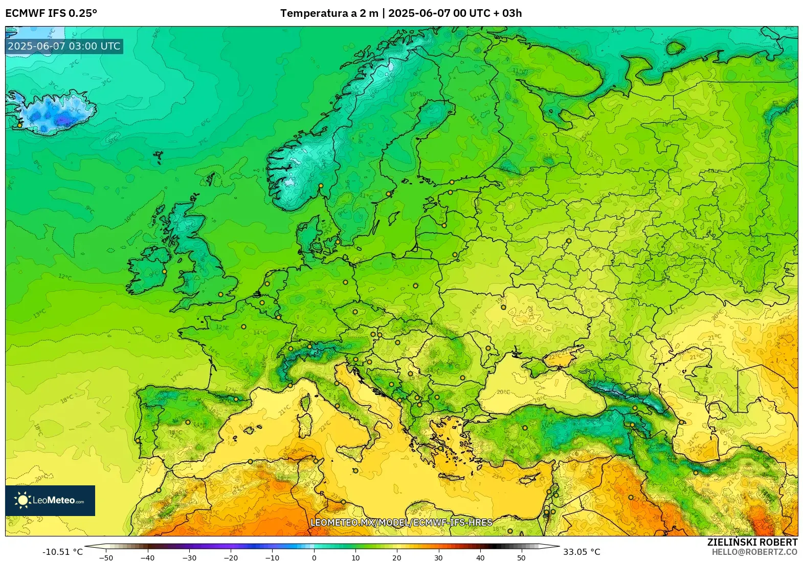 ECMWF IFS 0.25° model - Europa, Temperatura a 2 m
