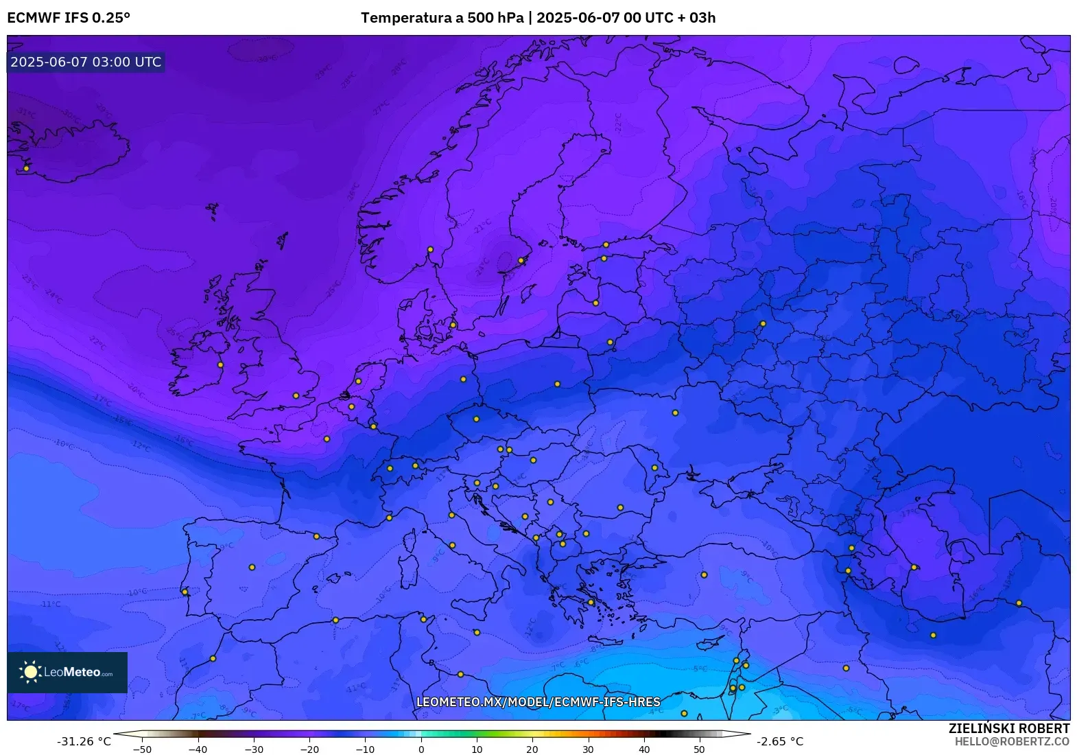 ECMWF IFS 0.25° model - Europa, Temperatura a 500 hPa