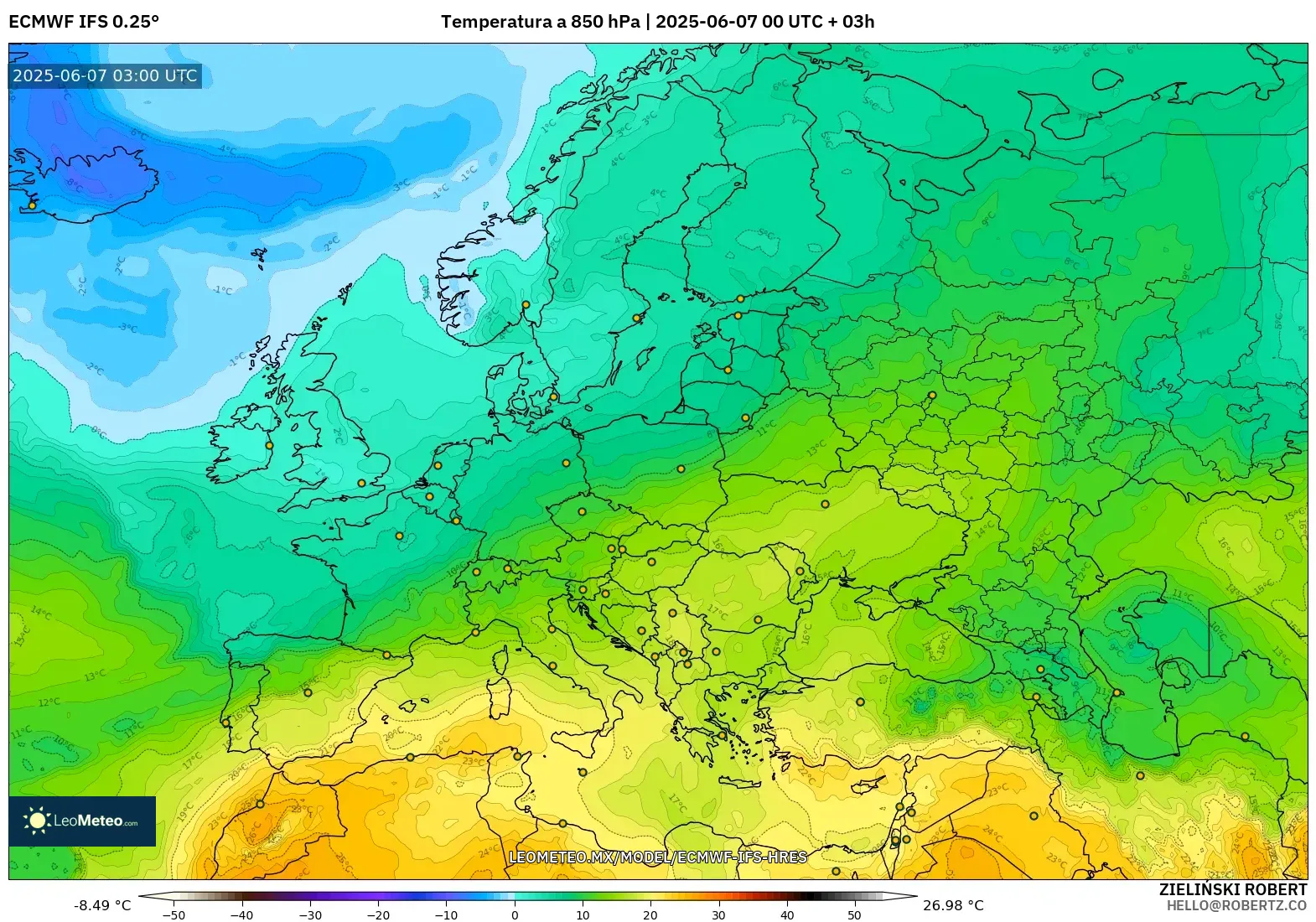 ECMWF IFS 0.25° model - Europa, Temperatura a 850 hPa