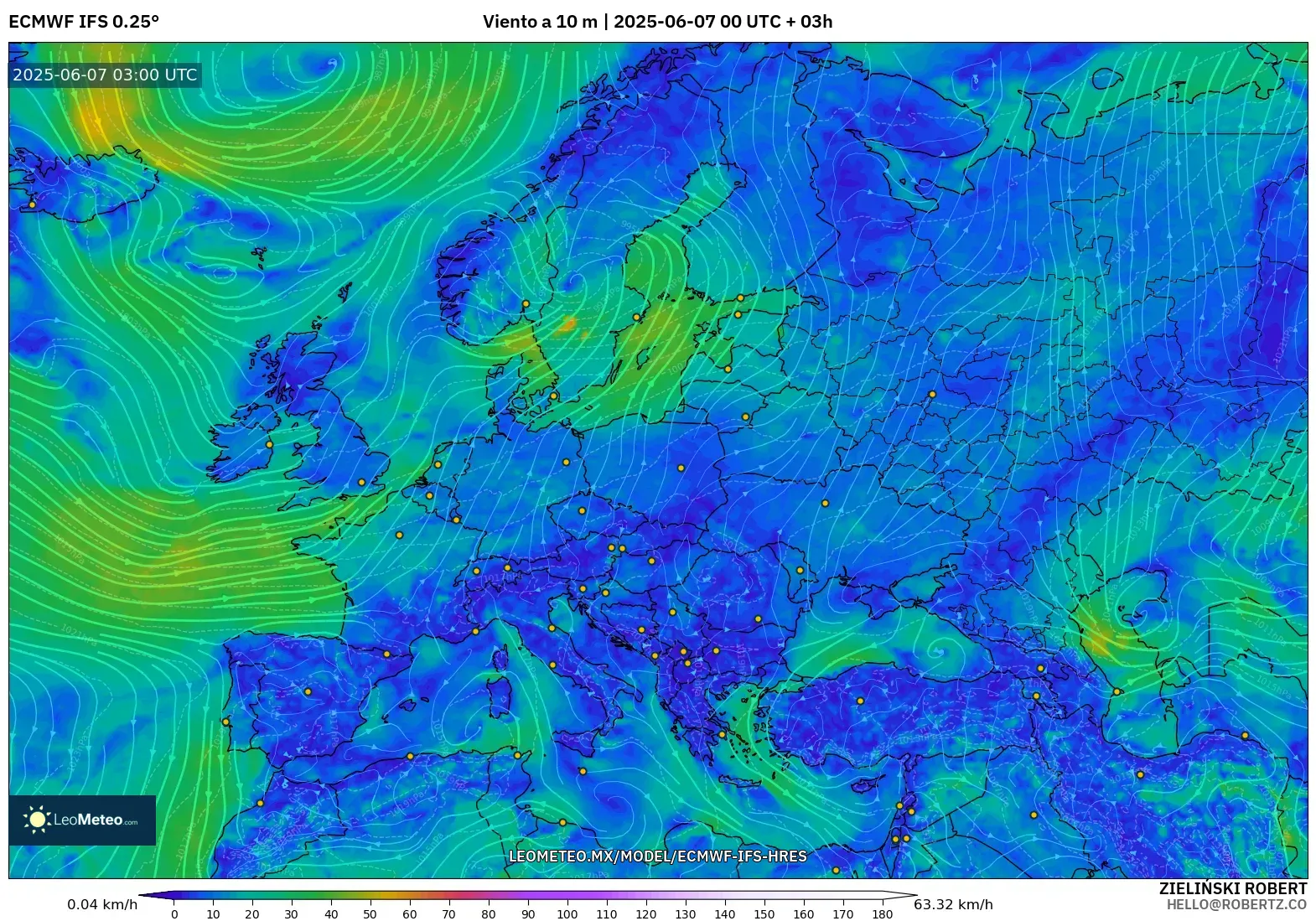 ECMWF IFS 0.25° model - Europa, Viento a 10 m