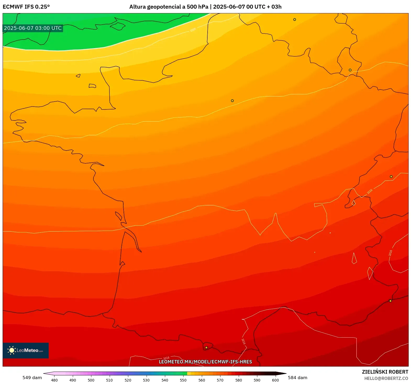 ECMWF IFS 0.25° model - Francia, Altura geopotencial a 500 hPa ECMWF IFS 0.25° model - Francia, Altura geopotencial a 500 hPa