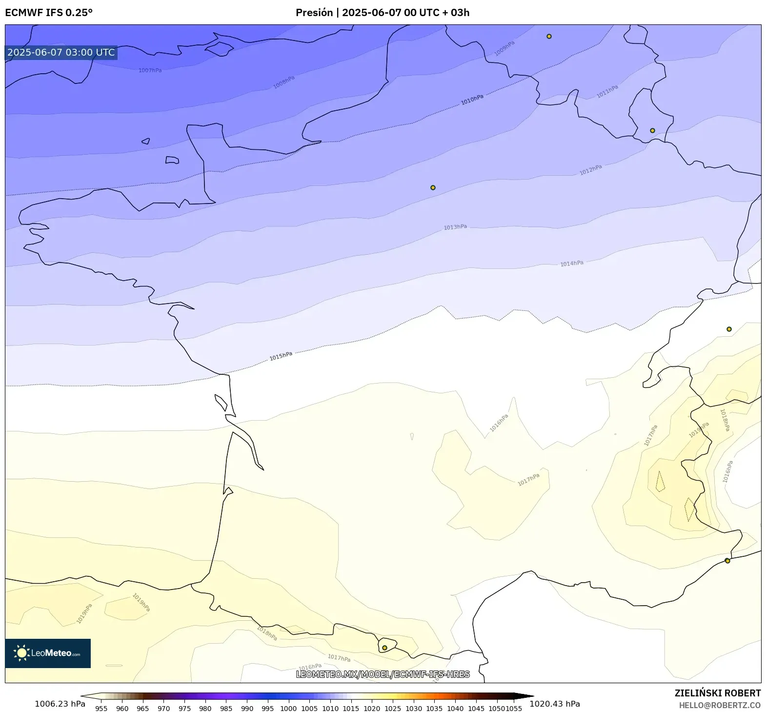 ECMWF IFS 0.25° model - Francia, Presión ECMWF IFS 0.25° model - Francia, Presión