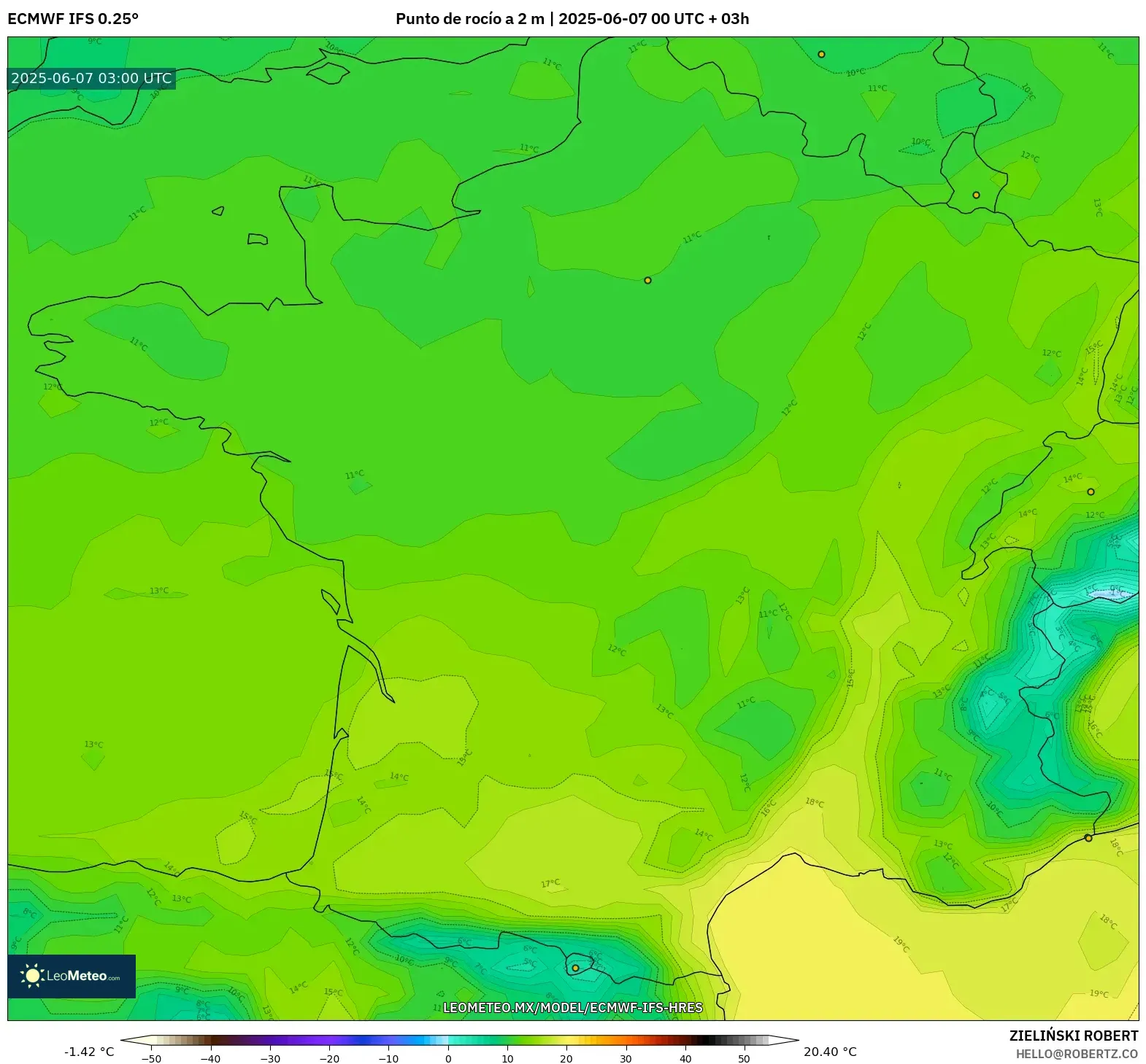ECMWF IFS 0.25° model - Francia, Punto de rocío a 2 m
