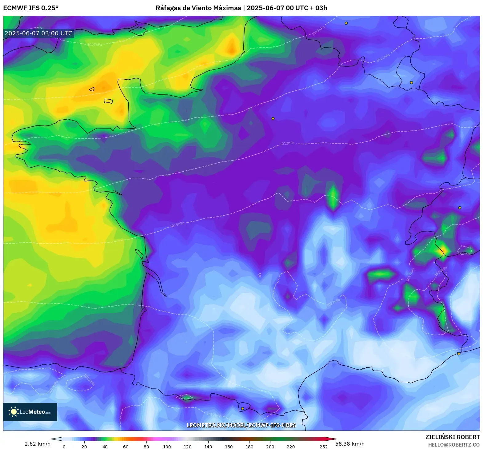 ECMWF IFS 0.25° model - Francia, Ráfagas de Viento Máximas ECMWF IFS 0.25° model - Francia, Ráfagas de Viento Máximas