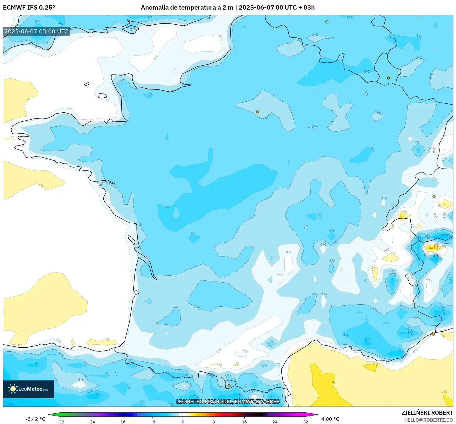ECMWF IFS 0.25° model - Francia, Anomalía de temperatura a 2 m ECMWF IFS 0.25° model - Francia, Anomalía de temperatura a 2 m