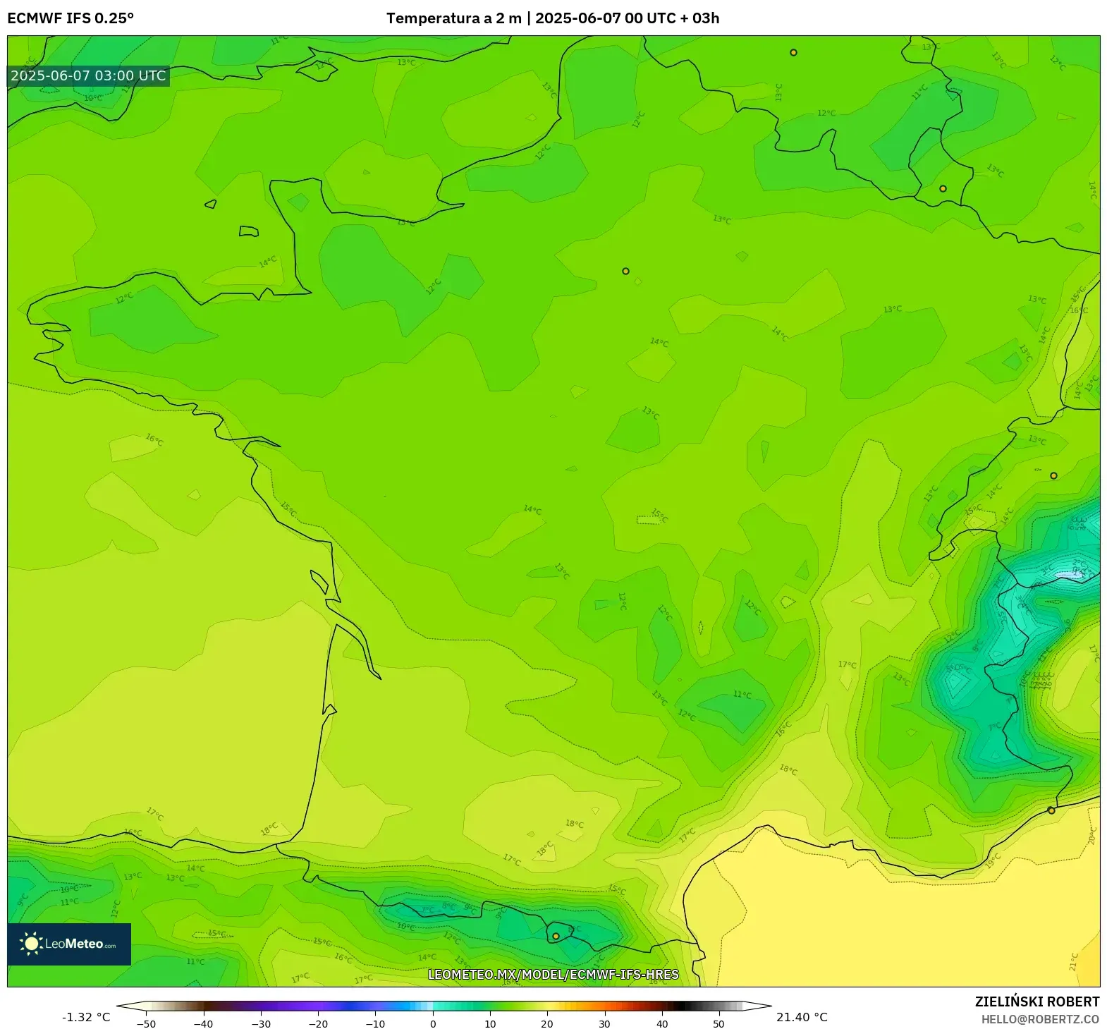 ECMWF IFS 0.25° model - Francia, Temperatura a 2 m ECMWF IFS 0.25° model - Francia, Temperatura a 2 m