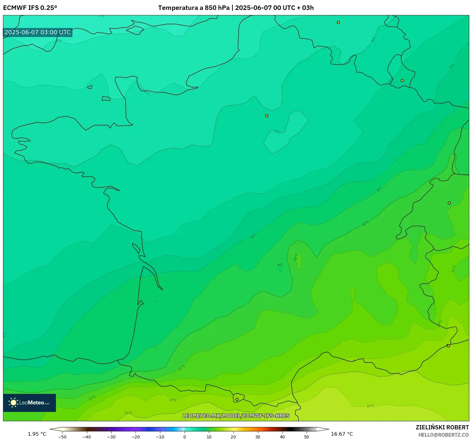 ECMWF IFS 0.25° model - Francia, Temperatura a 850 hPa ECMWF IFS 0.25° model - Francia, Temperatura a 850 hPa