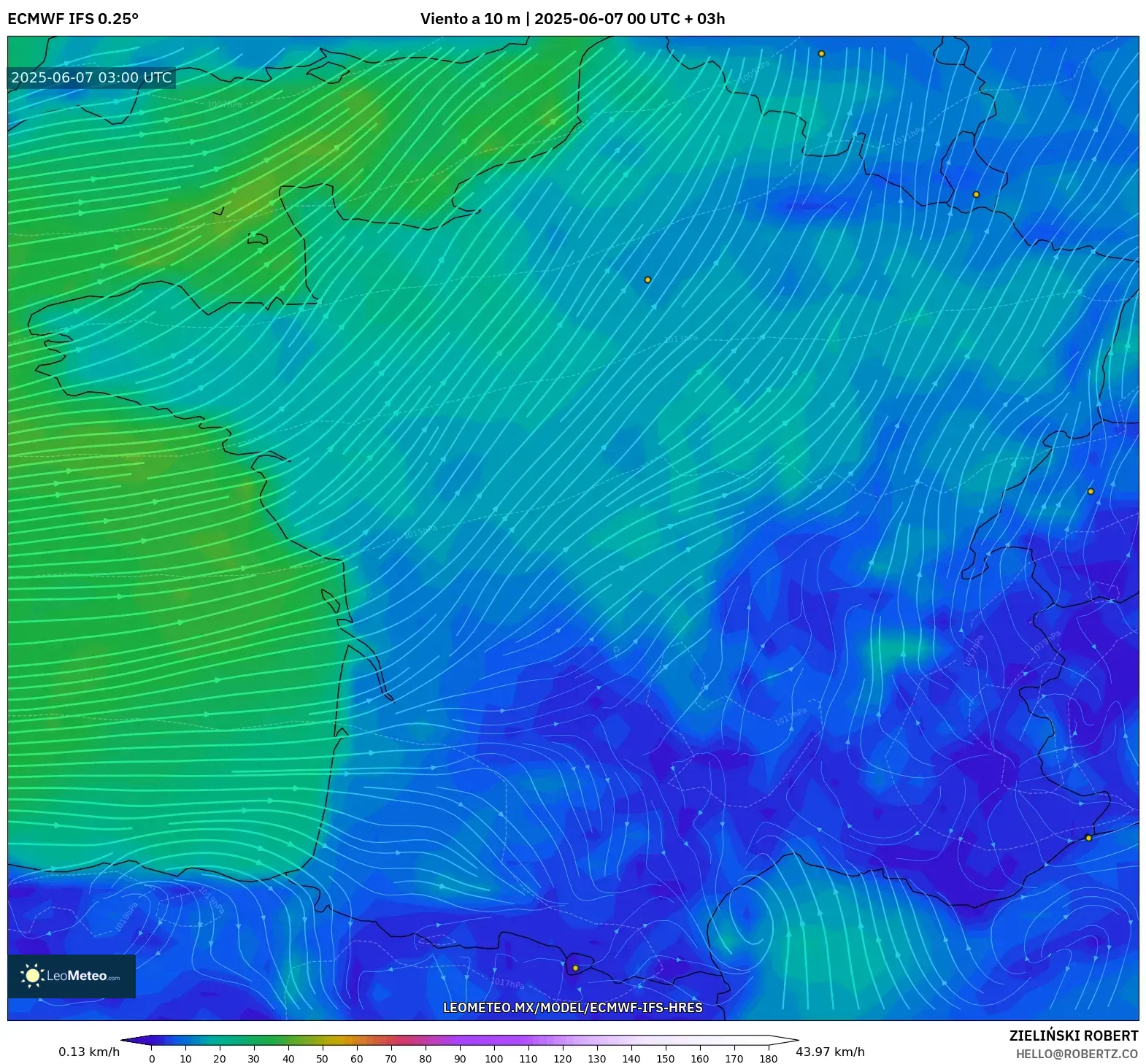 ECMWF IFS 0.25° model - Francia, Viento a 10 m ECMWF IFS 0.25° model - Francia, Viento a 10 m