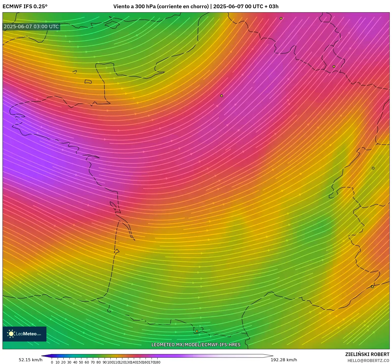 ECMWF IFS 0.25° model - Francia, Viento a 300 hPa (corriente en chorro)