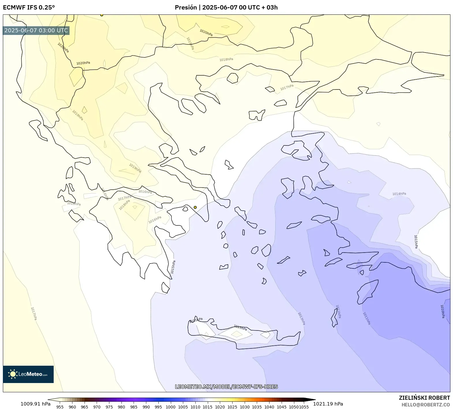 ECMWF IFS 0.25° model - Grecia, Presión ECMWF IFS 0.25° model - Grecia, Presión