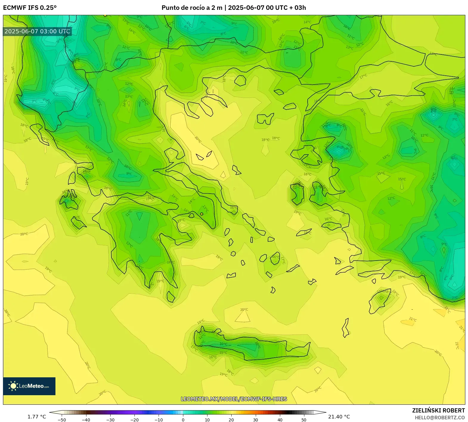 ECMWF IFS 0.25° model - Grecia, Punto de rocío a 2 m ECMWF IFS 0.25° model - Grecia, Punto de rocío a 2 m