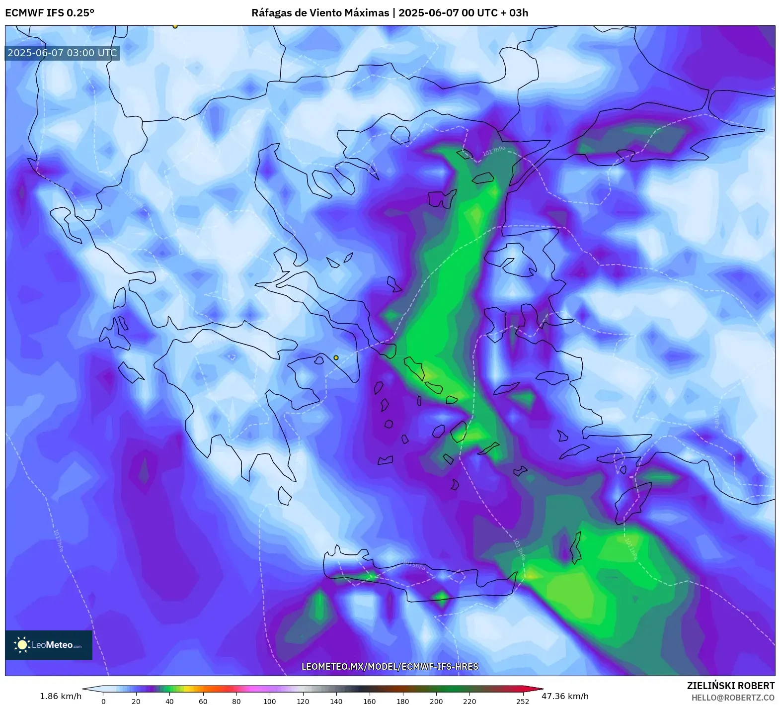 ECMWF IFS 0.25° model - Grecia, Ráfagas de Viento Máximas ECMWF IFS 0.25° model - Grecia, Ráfagas de Viento Máximas