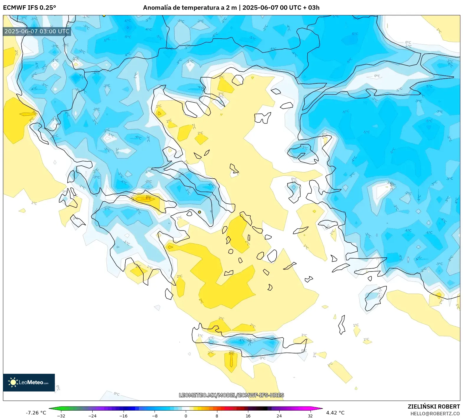 ECMWF IFS 0.25° model - Grecia, Anomalía de temperatura a 2 m ECMWF IFS 0.25° model - Grecia, Anomalía de temperatura a 2 m