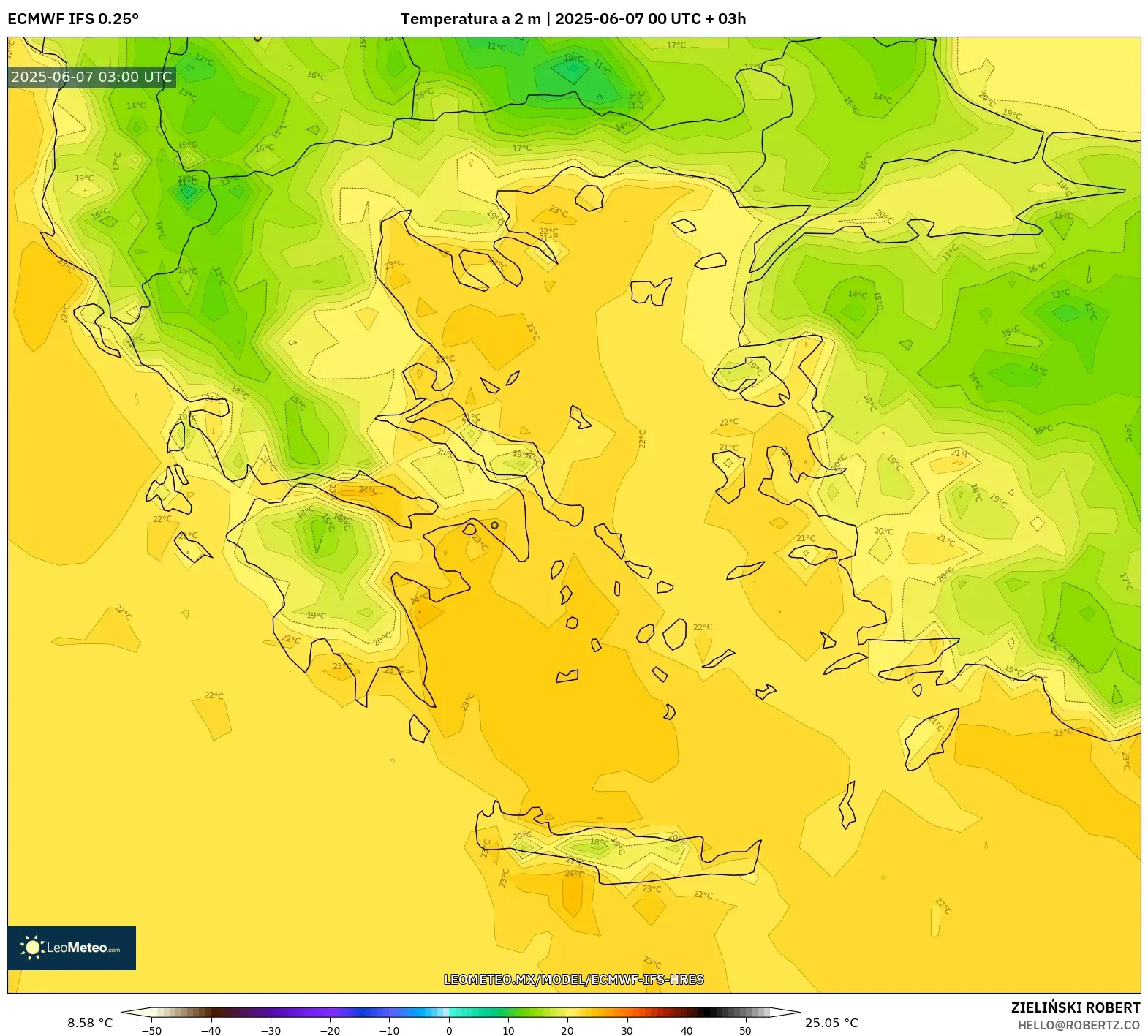 ECMWF IFS 0.25° model - Grecia, Temperatura a 2 m ECMWF IFS 0.25° model - Grecia, Temperatura a 2 m