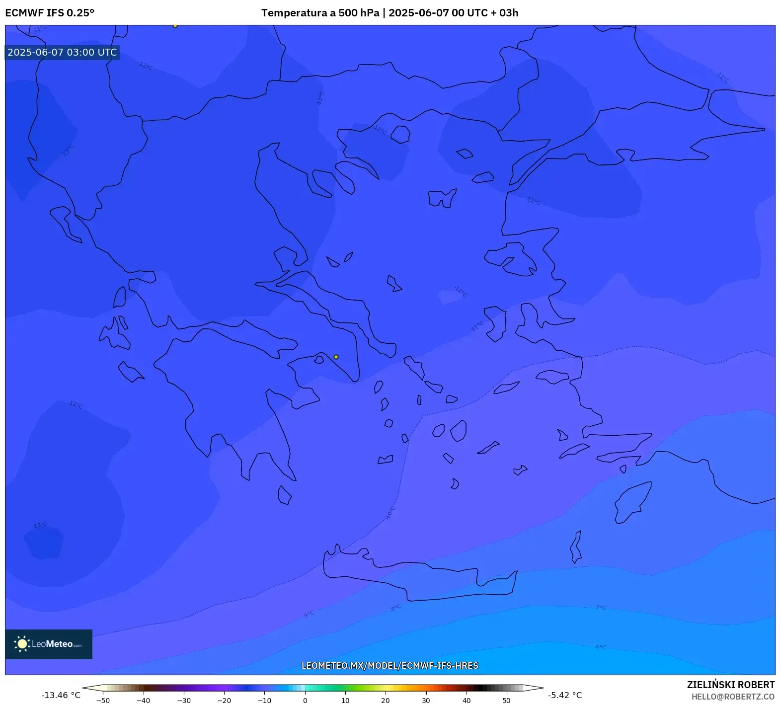 ECMWF IFS 0.25° model - Grecia, Temperatura a 500 hPa ECMWF IFS 0.25° model - Grecia, Temperatura a 500 hPa