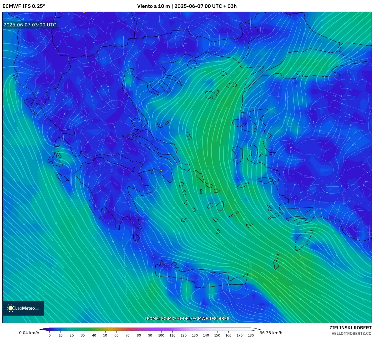 ECMWF IFS 0.25° model - Grecia, Viento a 10 m ECMWF IFS 0.25° model - Grecia, Viento a 10 m