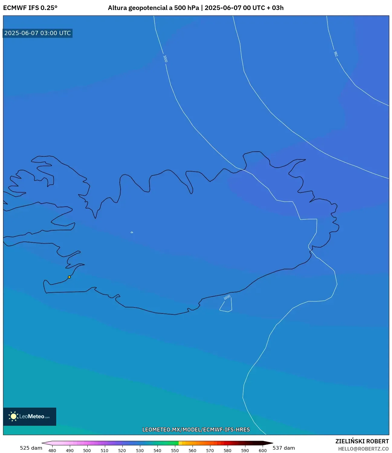 ECMWF IFS 0.25° model - Islandia, Altura geopotencial a 500 hPa