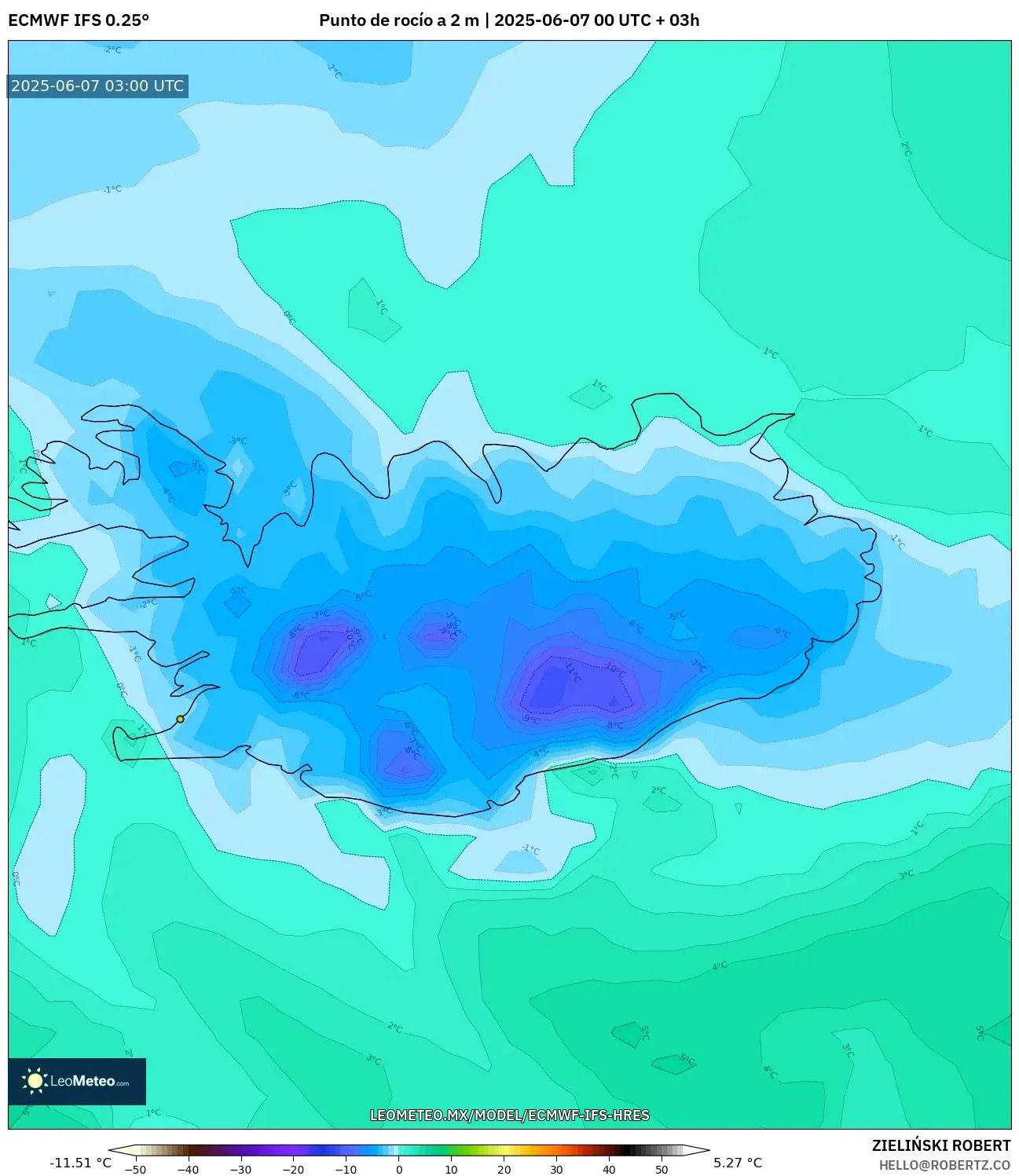 ECMWF IFS 0.25° model - Islandia, Punto de rocío a 2 m ECMWF IFS 0.25° model - Islandia, Punto de rocío a 2 m