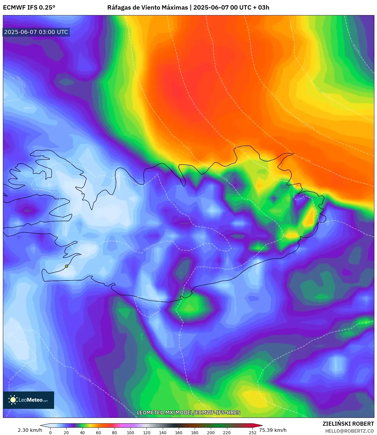 ECMWF IFS 0.25° model - Islandia, Ráfagas de Viento Máximas ECMWF IFS 0.25° model - Islandia, Ráfagas de Viento Máximas