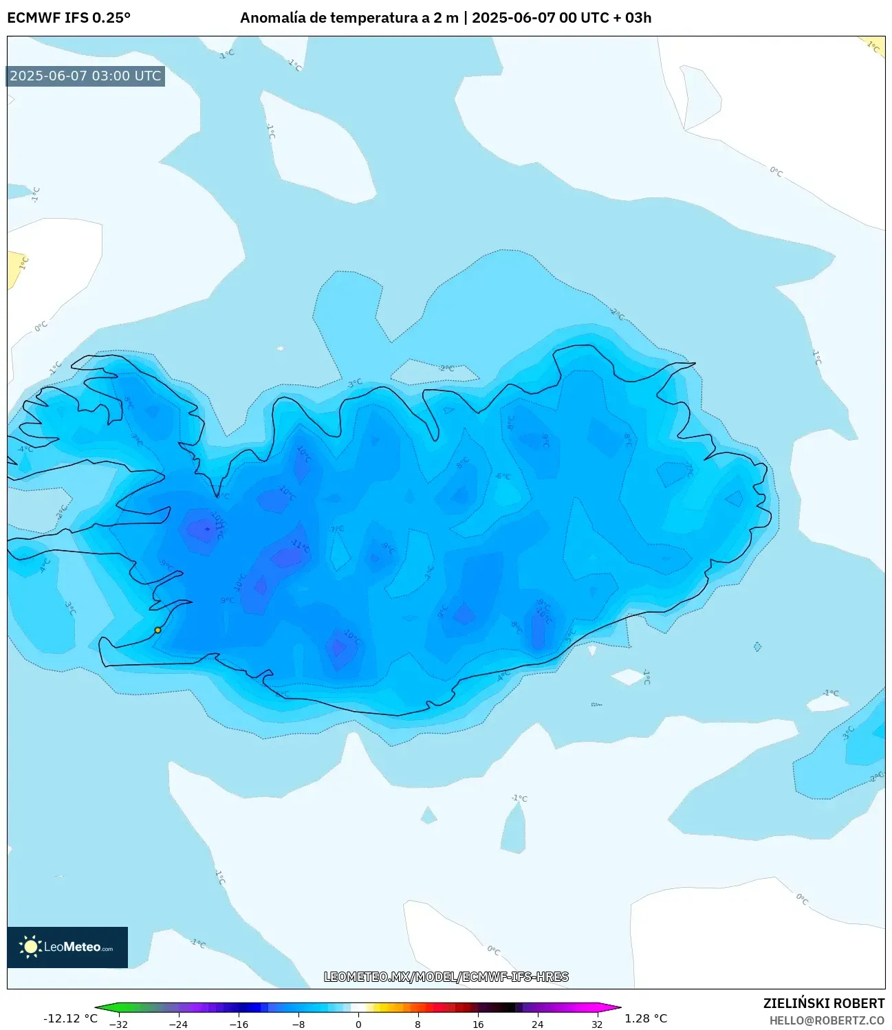 ECMWF IFS 0.25° model - Islandia, Anomalía de temperatura a 2 m