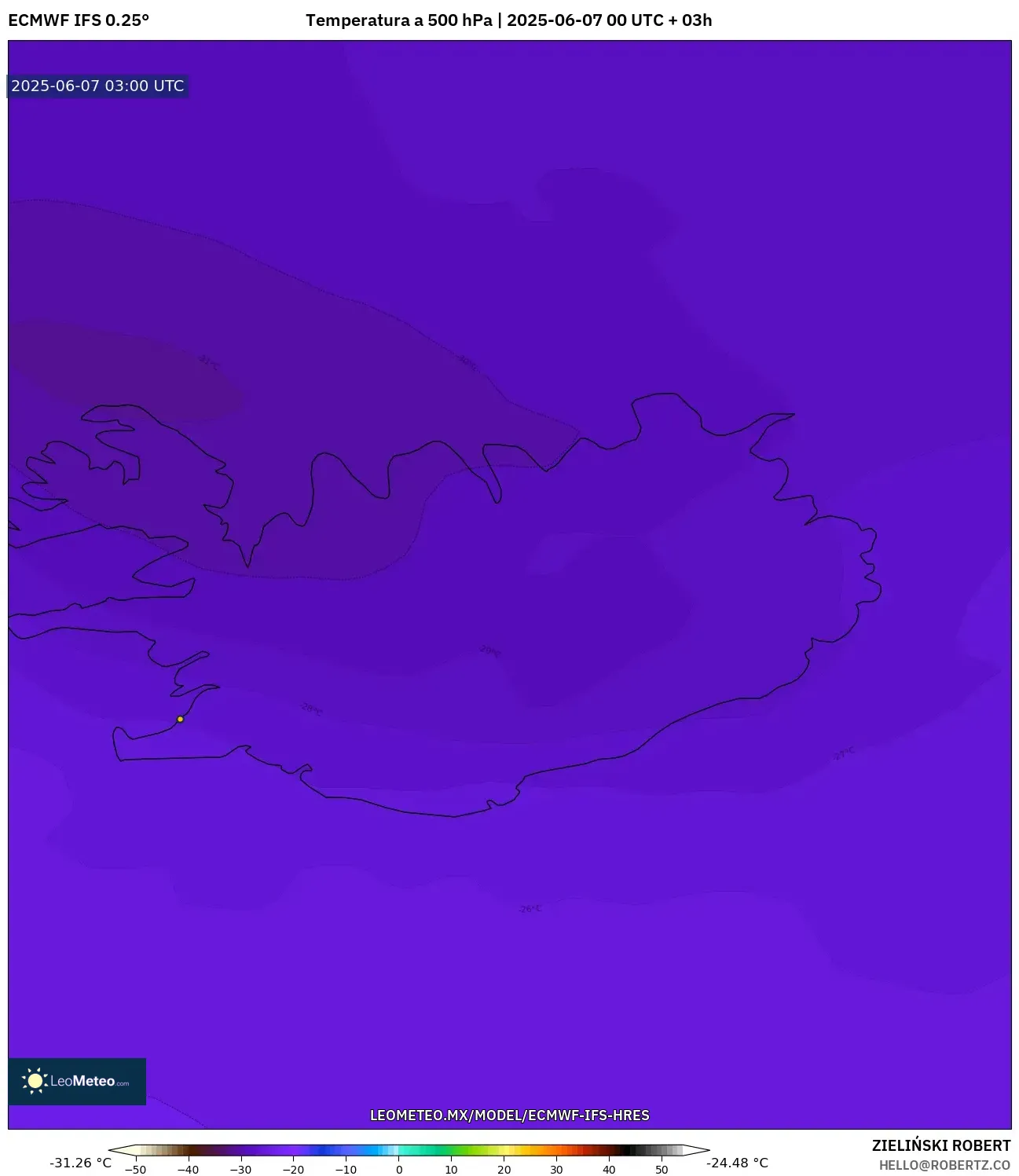 ECMWF IFS 0.25° model - Islandia, Temperatura a 500 hPa ECMWF IFS 0.25° model - Islandia, Temperatura a 500 hPa