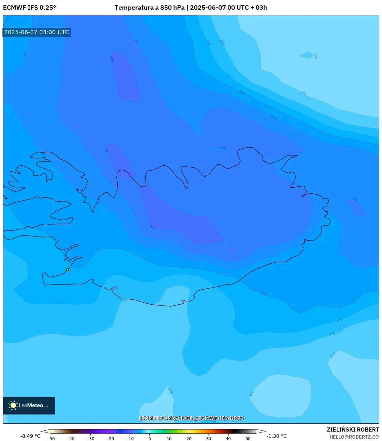 ECMWF IFS 0.25° model - Islandia, Temperatura a 850 hPa