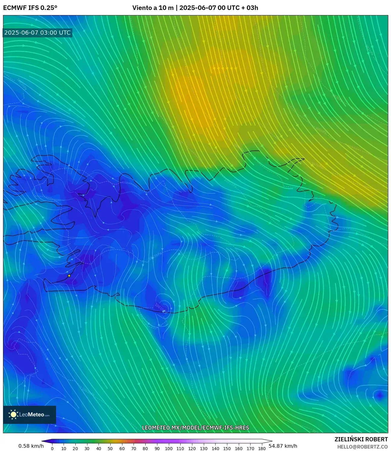 ECMWF IFS 0.25° model - Islandia, Viento a 10 m ECMWF IFS 0.25° model - Islandia, Viento a 10 m