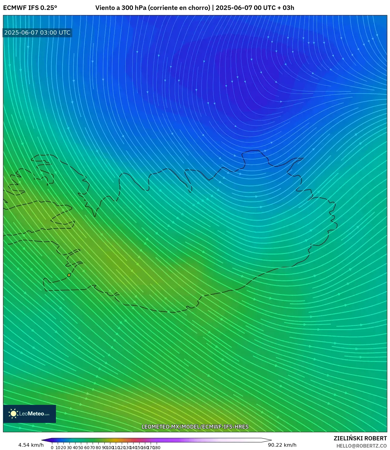 ECMWF IFS 0.25° model - Islandia, Viento a 300 hPa (corriente en chorro)