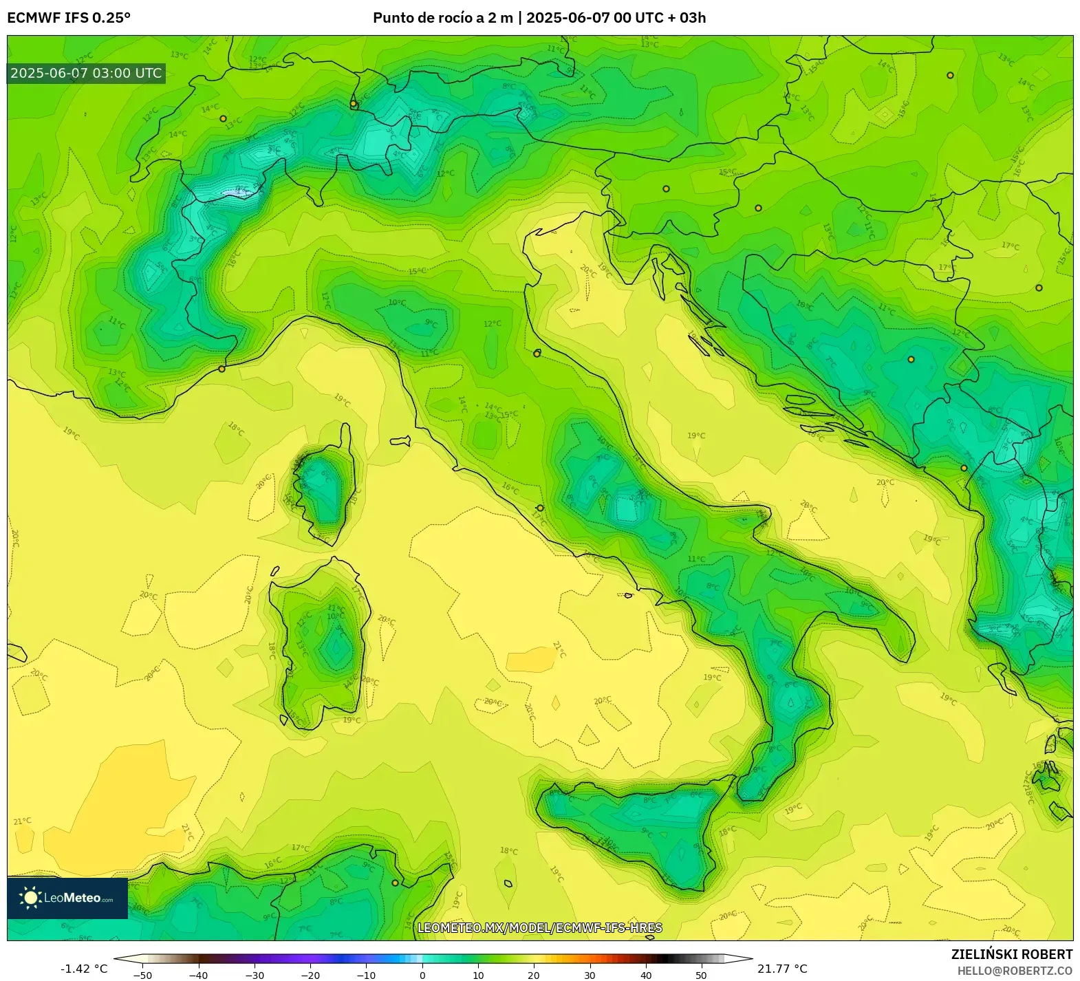 ECMWF IFS 0.25° model - Italia, Punto de rocío a 2 m ECMWF IFS 0.25° model - Italia, Punto de rocío a 2 m