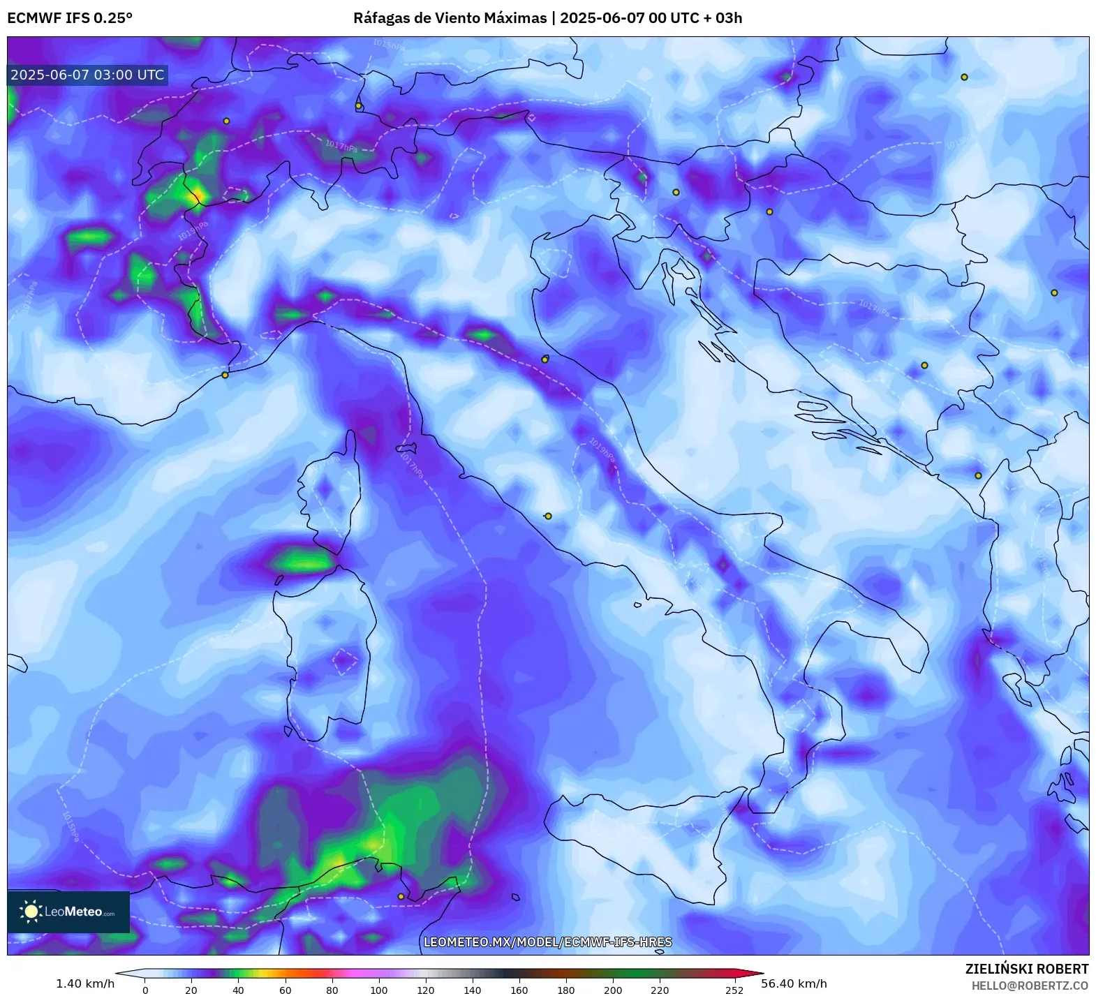 ECMWF IFS 0.25° model - Italia, Ráfagas de Viento Máximas ECMWF IFS 0.25° model - Italia, Ráfagas de Viento Máximas