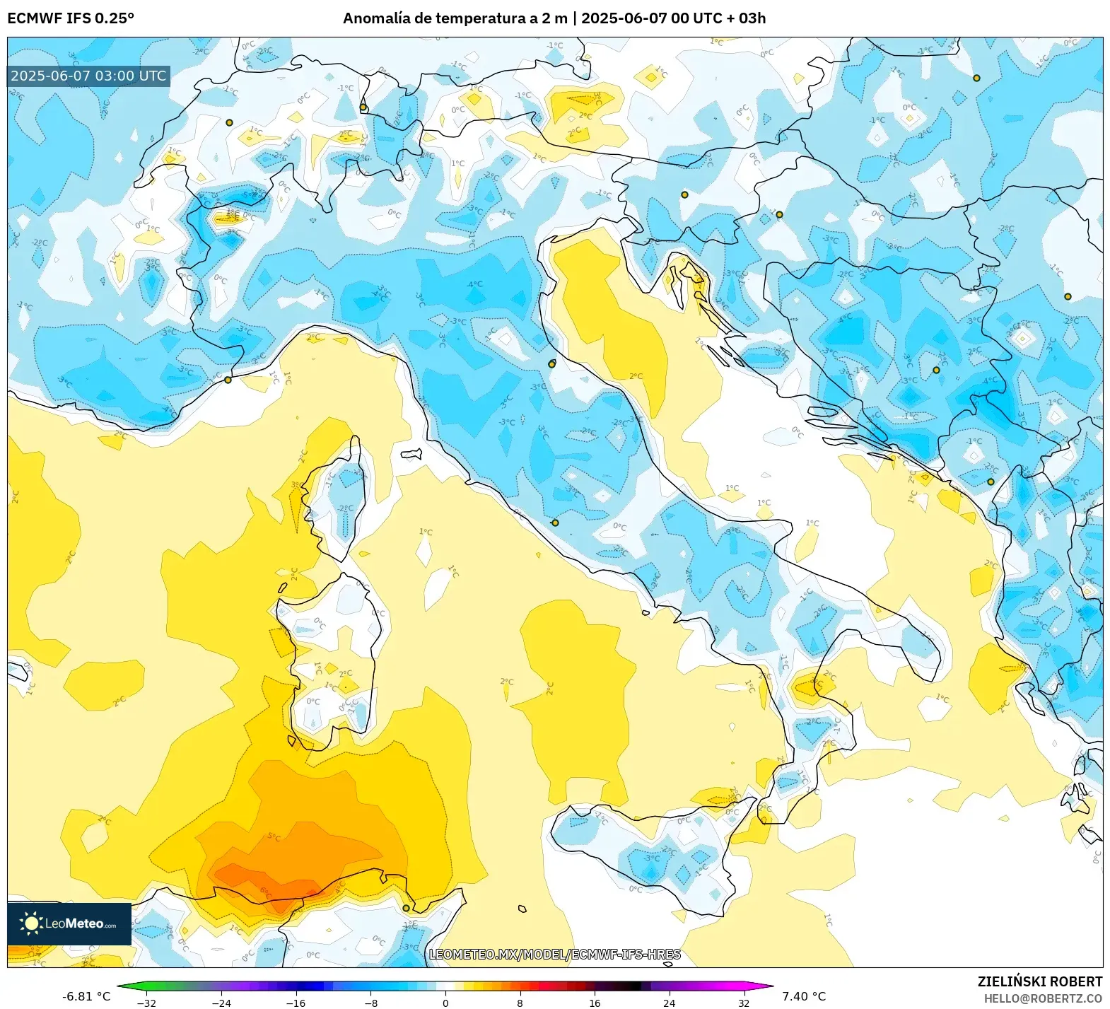 ECMWF IFS 0.25° model - Italia, Anomalía de temperatura a 2 m