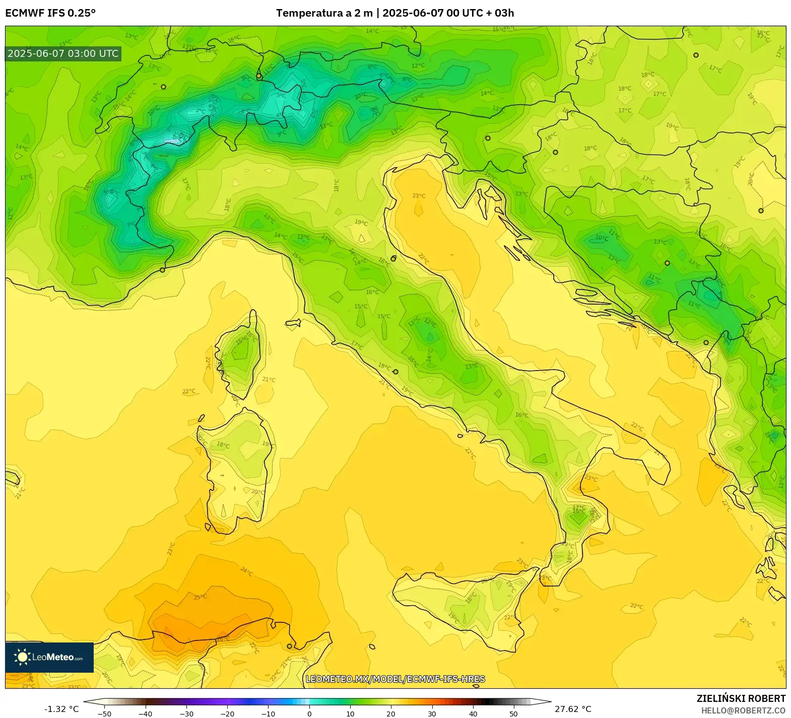 ECMWF IFS 0.25° model - Italia, Temperatura a 2 m