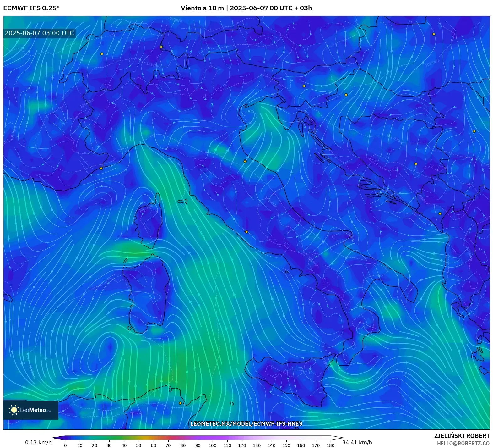 ECMWF IFS 0.25° model - Italia, Viento a 10 m