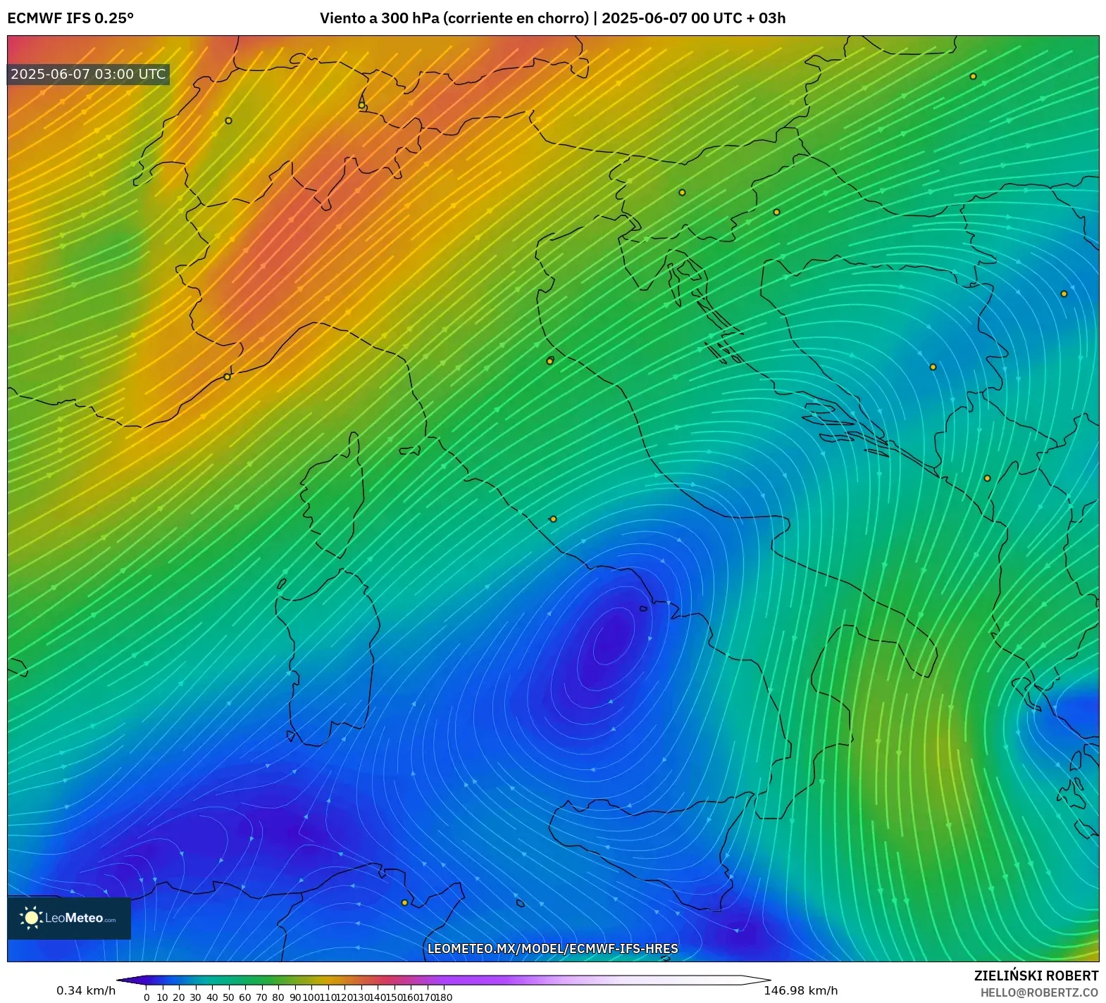 ECMWF IFS 0.25° model - Italia, Viento a 300 hPa (corriente en chorro) ECMWF IFS 0.25° model - Italia, Viento a 300 hPa (corriente en chorro)