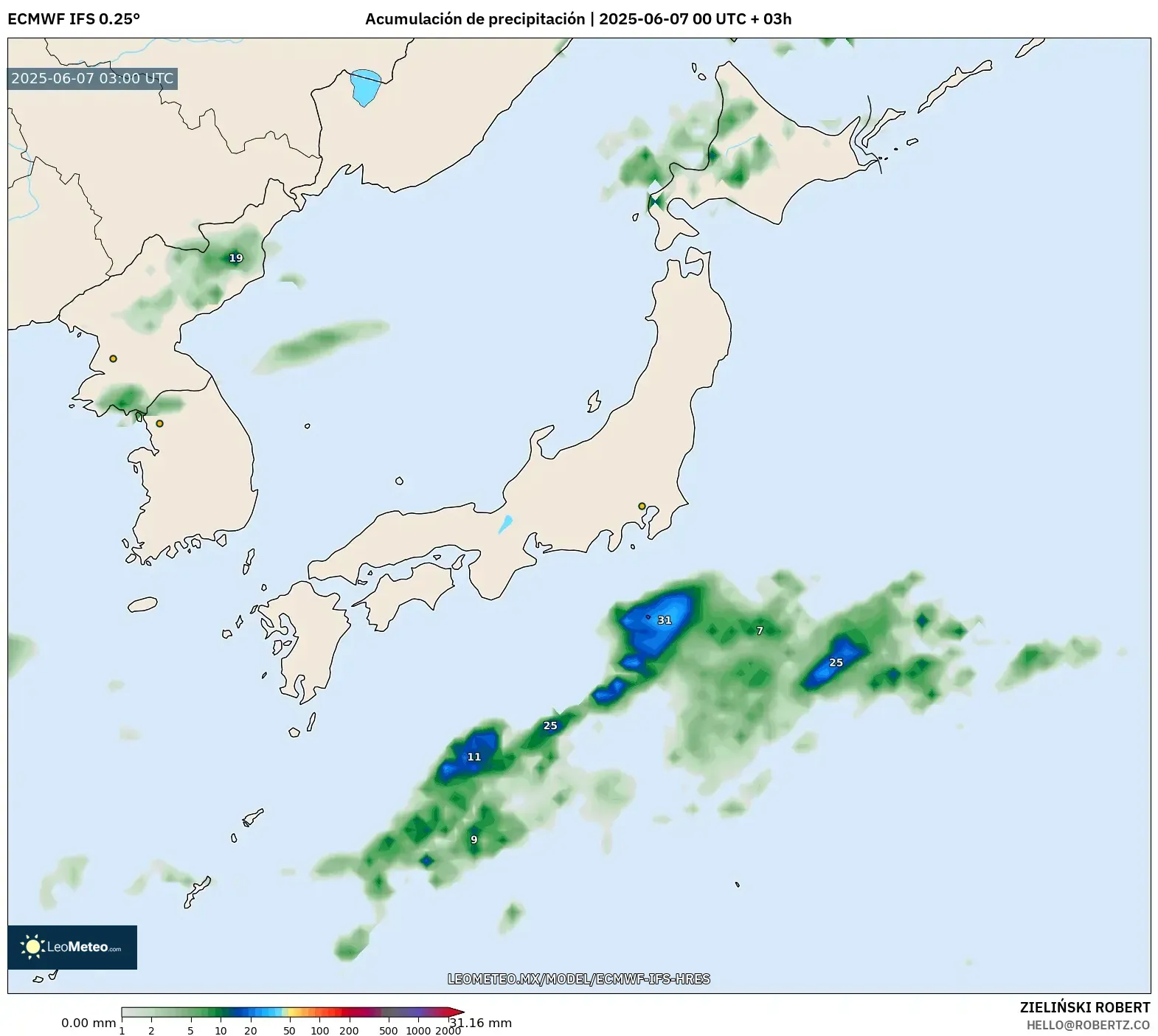 ECMWF IFS 0.25° model - Japón, Acumulación de precipitación ECMWF IFS 0.25° model - Japón, Acumulación de precipitación