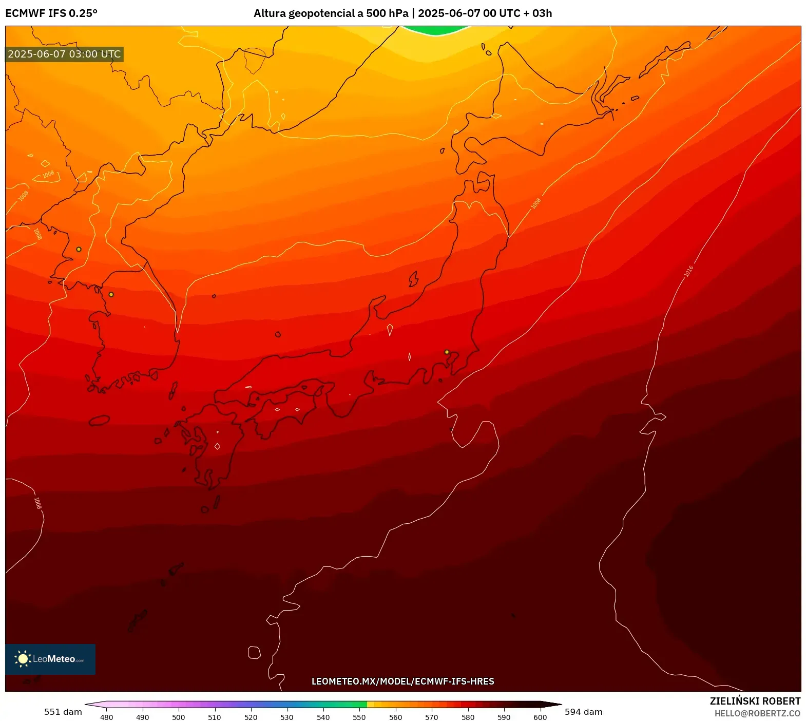 ECMWF IFS 0.25° model - Japón, Altura geopotencial a 500 hPa ECMWF IFS 0.25° model - Japón, Altura geopotencial a 500 hPa