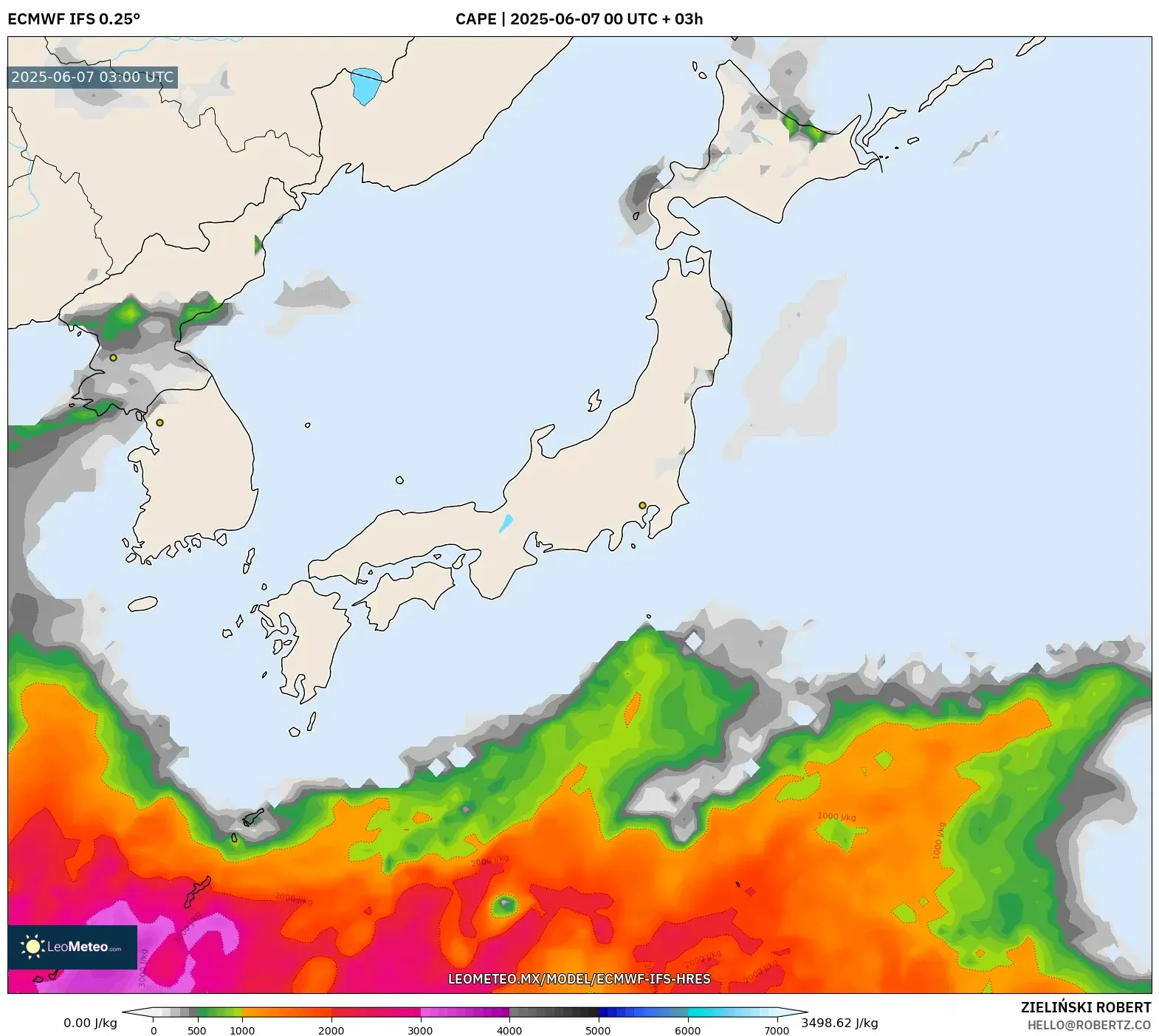 ECMWF IFS 0.25° model - Japón, CAPE ECMWF IFS 0.25° model - Japón, CAPE