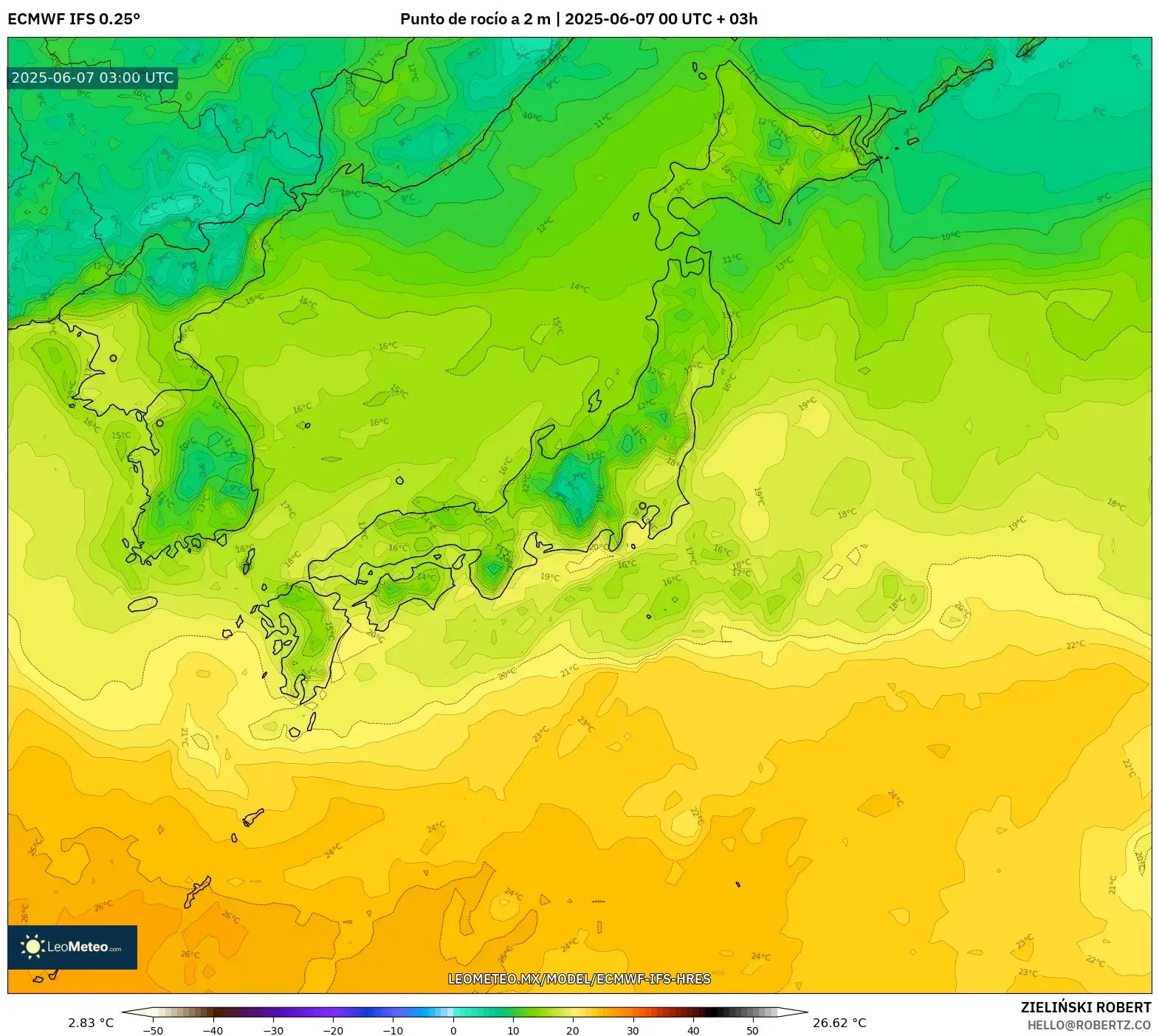 ECMWF IFS 0.25° model - Japón, Punto de rocío a 2 m ECMWF IFS 0.25° model - Japón, Punto de rocío a 2 m