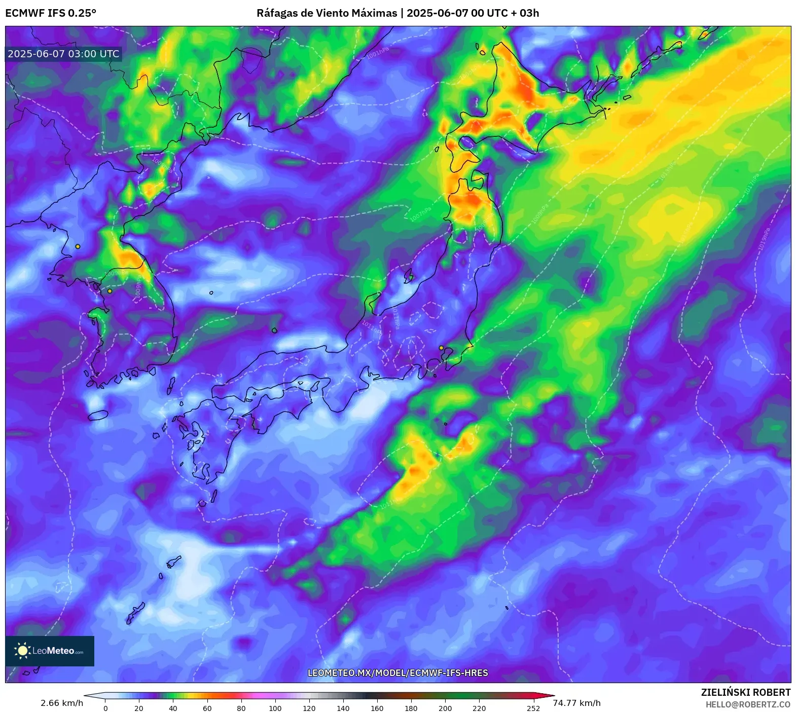 ECMWF IFS 0.25° model - Japón, Ráfagas de Viento Máximas ECMWF IFS 0.25° model - Japón, Ráfagas de Viento Máximas