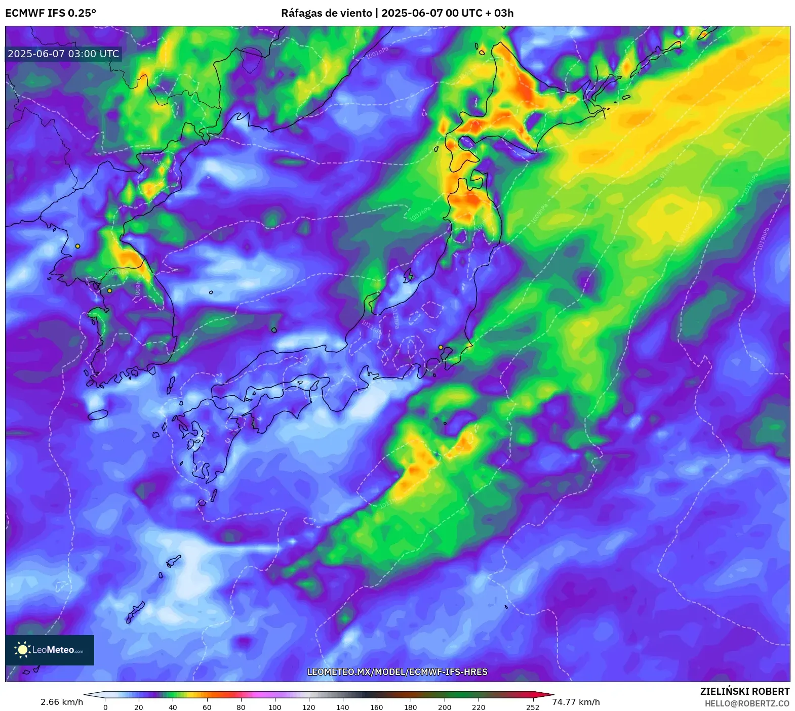 ECMWF IFS 0.25° model - Japón, Ráfagas de viento ECMWF IFS 0.25° model - Japón, Ráfagas de viento