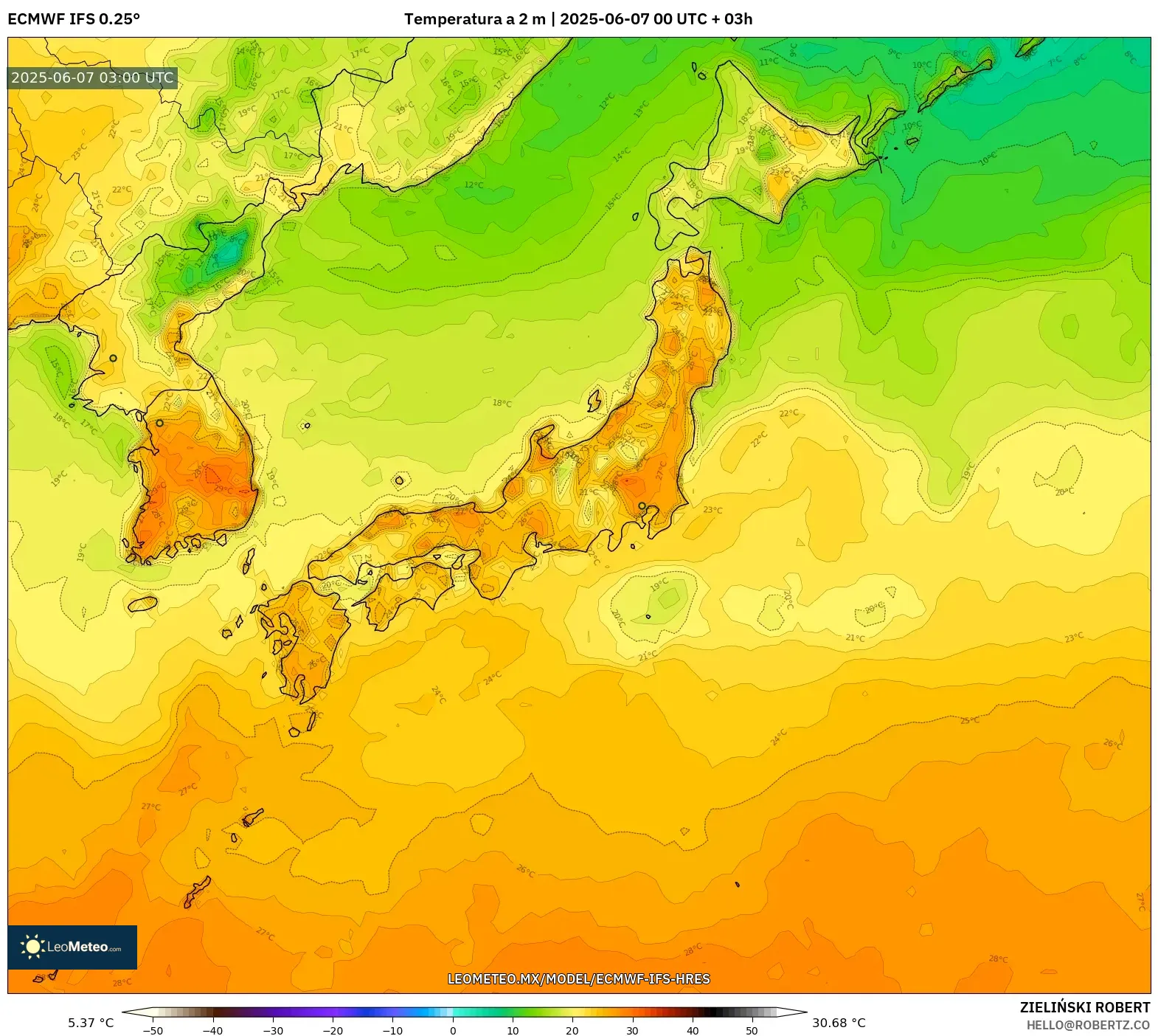 ECMWF IFS 0.25° model - Japón, Temperatura a 2 m ECMWF IFS 0.25° model - Japón, Temperatura a 2 m